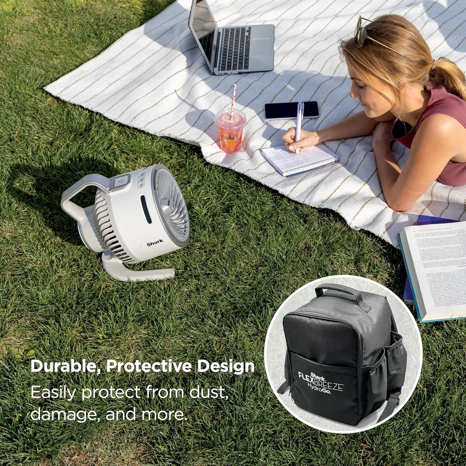 Shark FlexBreeze HydroGo Fan & Travel Bag  Ultra-powerful portable fan with indoor   outdoor evaporative mist, Up to 70 feet of reach, corded & cordless, up to 12-hr. battery, White, FA053BRN