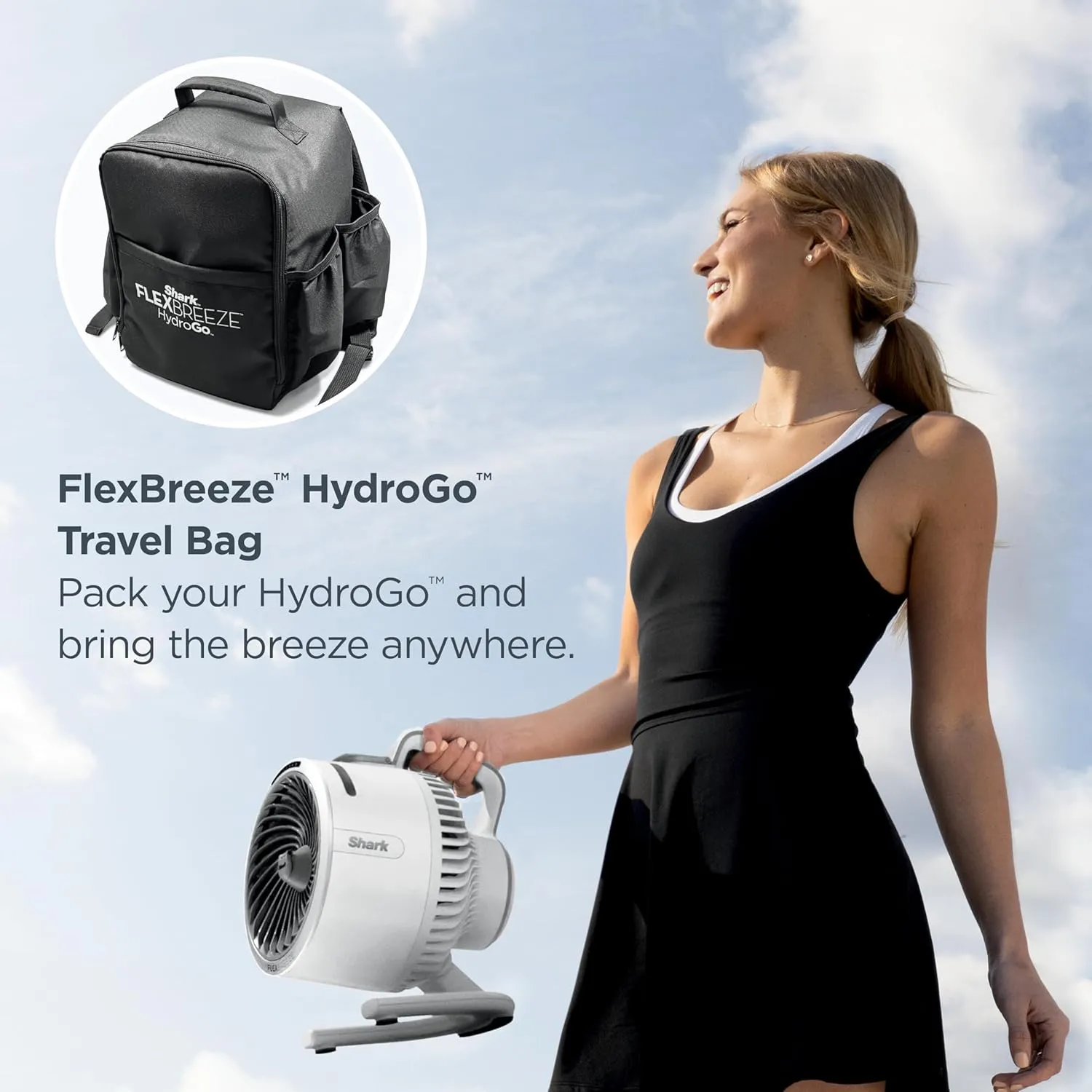Shark FlexBreeze HydroGo Fan & Travel Bag  Ultra-powerful portable fan with indoor   outdoor evaporative mist, Up to 70 feet of reach, corded & cordless, up to 12-hr. battery, White, FA053BRN