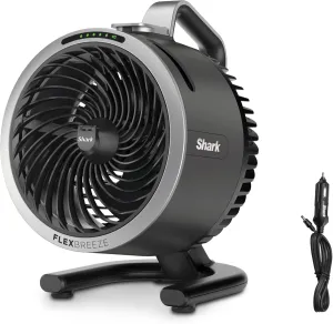 Shark FlexBreeze HydroGo Fan   Car Charger  Ultra-powerful portable fan that mists indoors & outdoors. Up to 70 feet, up to 12-hr. battery, 5 speeds, breeze modes & misting, Grey, FA052QDG Tower bladeless fan for modern homes
