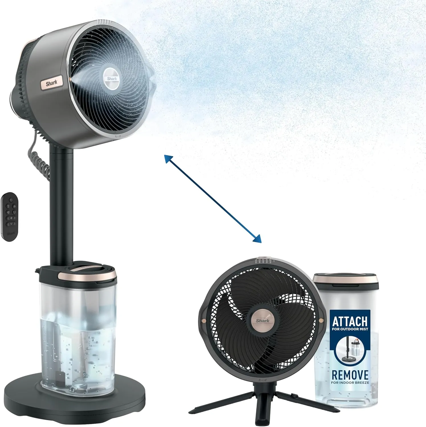 Shark FlexBreeze Pro Mist Fan  Indoor & Outdoor, Integrated Misting, Pedestal to Tabletop, Corded or Cordless, Up to 24-Hr Battery, Oscillating, Charcoal Grey, FA302 (2025 Release) Tower bladeless fan for modern homes