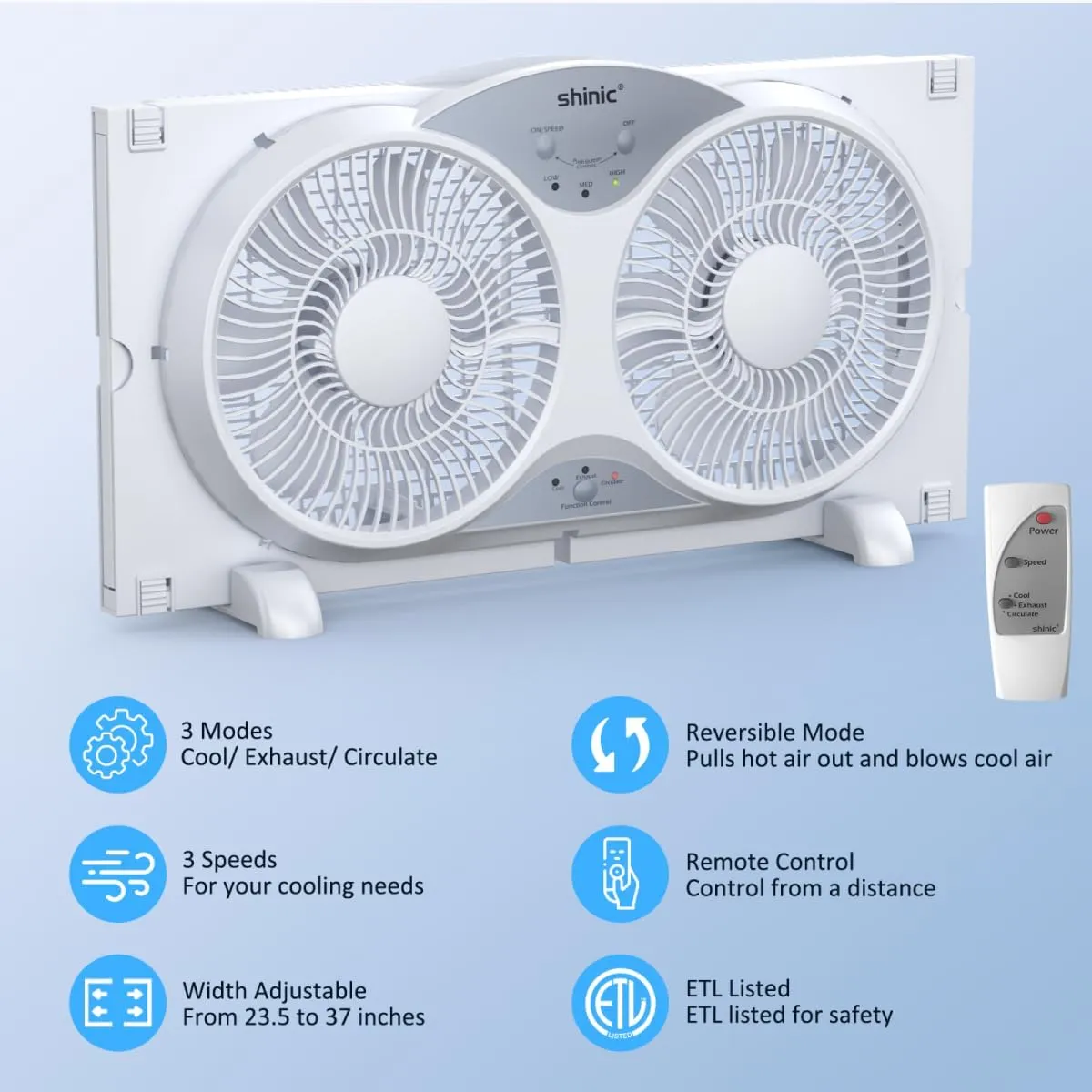 shinic Window Fan with Reversible Airflow Quiet, Twin 9" Blades, Full Remote Control, 3 Functions-3 Speeds, Bathroom Kitchen Window Exhaust Fan, Width Adjustable (From 23.5" to 37") ETL Certified