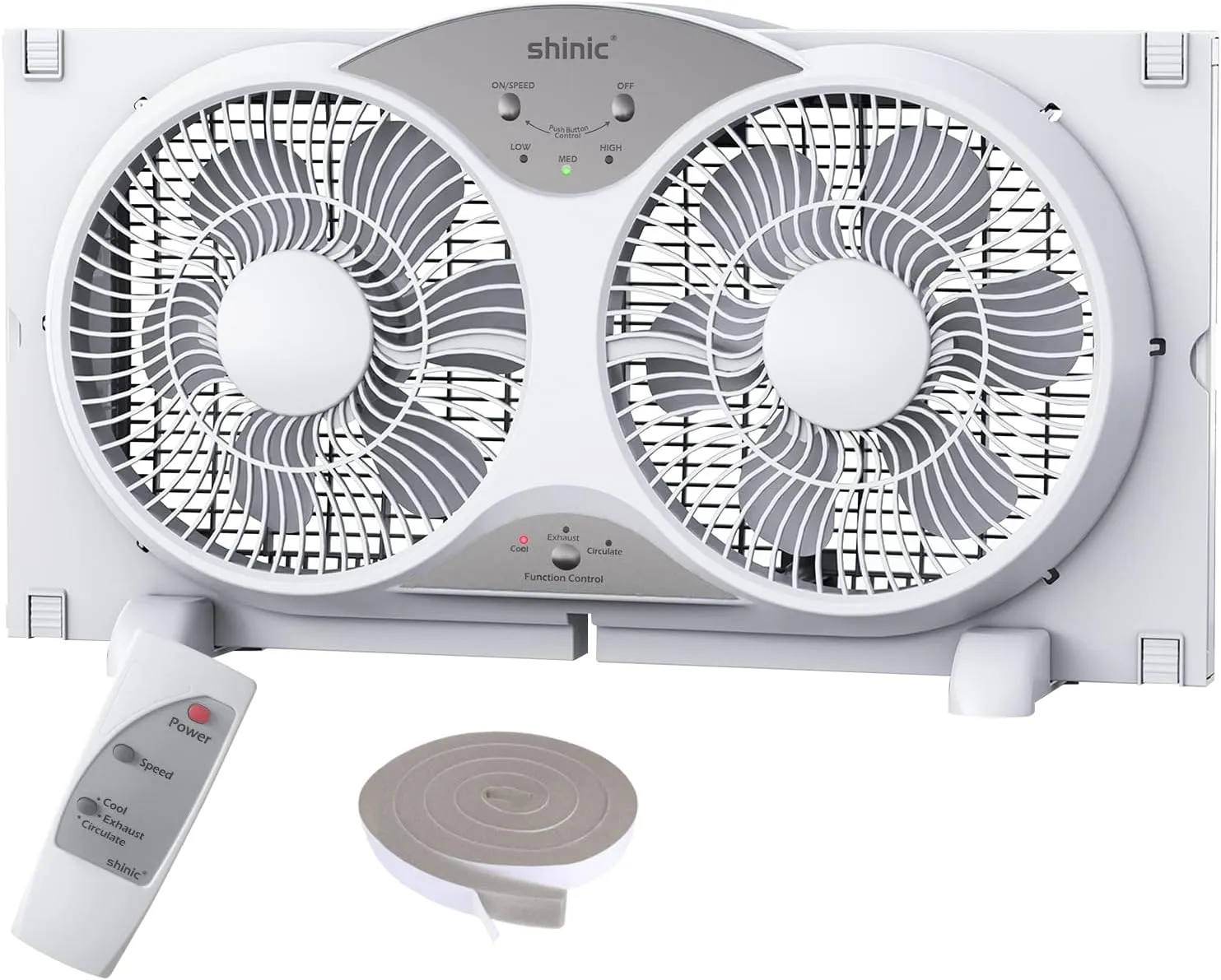 shinic Window Fan with Reversible Airflow Quiet, Twin 9" Blades, Full Remote Control, 3 Functions-3 Speeds, Bathroom Kitchen Window Exhaust Fan, Width Adjustable (From 23.5" to 37") ETL Certified Fan with safety blade design