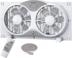 shinic Window Fan with Reversible Airflow Quiet, Twin 9" Blades, Full Remote Control, 3 Functions-3 Speeds, Bathroom Kitchen Window Exhaust Fan, Width Adjustable (From 23.5" to 37") ETL Certified Fan with safety blade design