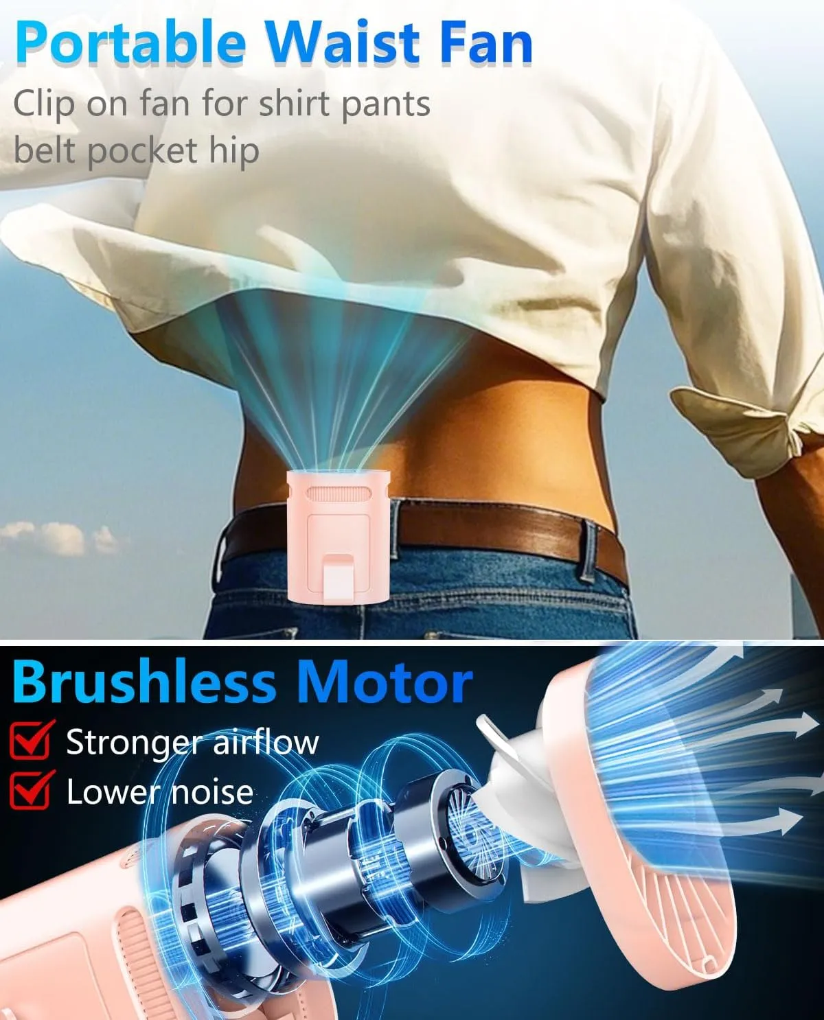 Shirt Fan Clip- Compact Portable Fans that Blow Cold Air Clip on Belt Back Inside Shirt under Clothes,No Wire Noiseless Personal Waist Fan,Hands Free Devices Hangs Neck for Outdoor Indoor Outside Pink