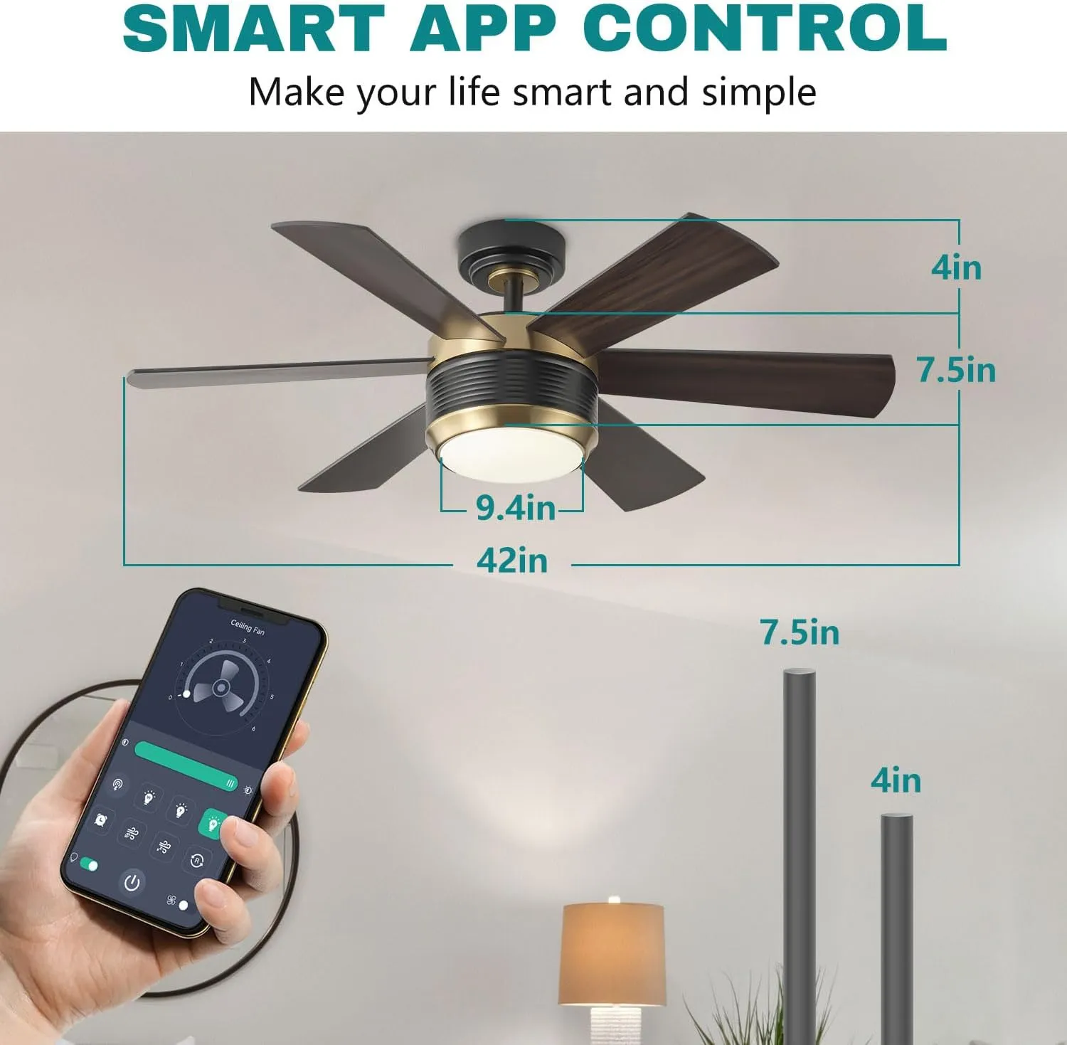 SHOWDI 42 Inch Ceiling Fan with Lights and Remote, 6 Blade App Control Timer Reversible Stepless Brightness and Color Temperature Outdoor Wood Ceiling Fan with Lights (Black-Gold, 42 Inch)