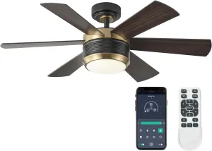 SHOWDI 42 Inch Ceiling Fan with Lights and Remote, 6 Blade App Control Timer Reversible Stepless Brightness and Color Temperature Outdoor Wood Ceiling Fan with Lights (Black-Gold, 42 Inch) App-controlled remote fan for convenience