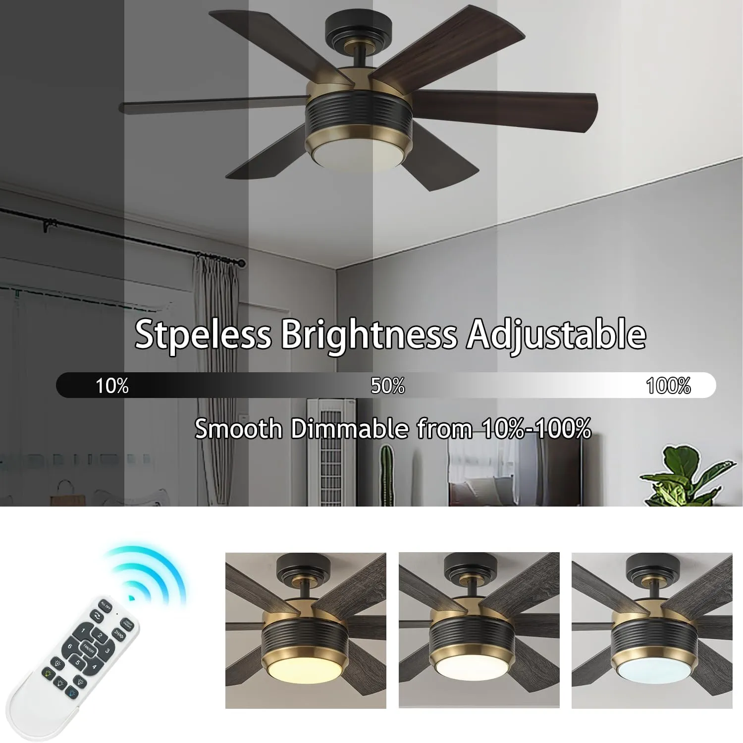 SHOWDI 42 Inch Ceiling Fan with Lights and Remote, 6 Blade App Control Timer Reversible Stepless Brightness and Color Temperature Outdoor Wood Ceiling Fan with Lights (Black-Gold, 42 Inch)