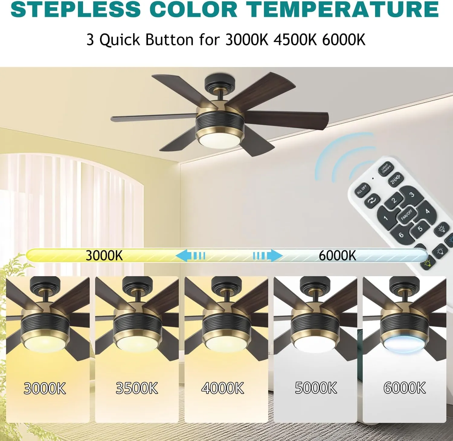 SHOWDI 42 Inch Ceiling Fan with Lights and Remote, 6 Blade App Control Timer Reversible Stepless Brightness and Color Temperature Outdoor Wood Ceiling Fan with Lights (Black-Gold, 42 Inch)
