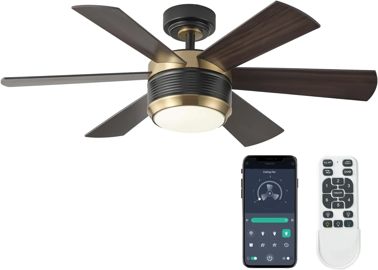 SHOWDI 42 Inch Ceiling Fan with Lights and Remote, 6 Blade App Control Timer Reversible Stepless Brightness and Color Temperature Outdoor Wood Ceiling Fan with Lights (Black-Gold, 42 Inch) App-controlled remote fan for convenience