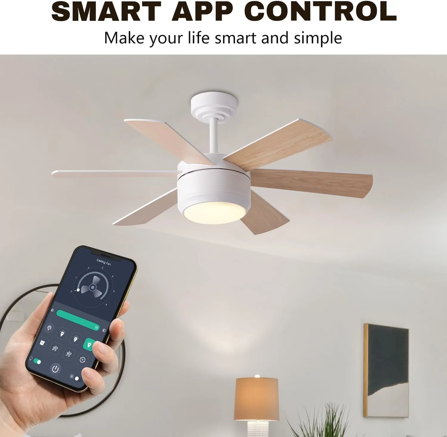 SHOWDI 42 Inch Ceiling Fan with Lights and Remote, 6 Blade App Control Timer Reversible Stepless Brightness and Color Temperature Outdoor Wood Ceiling Fan with Lights (White, 42 Inch)