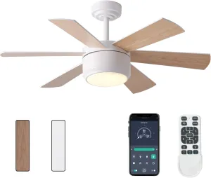 SHOWDI 42 Inch Ceiling Fan with Lights and Remote, 6 Blade App Control Timer Reversible Stepless Brightness and Color Temperature Outdoor Wood Ceiling Fan with Lights (White, 42 Inch) App-controlled remote fan for convenience