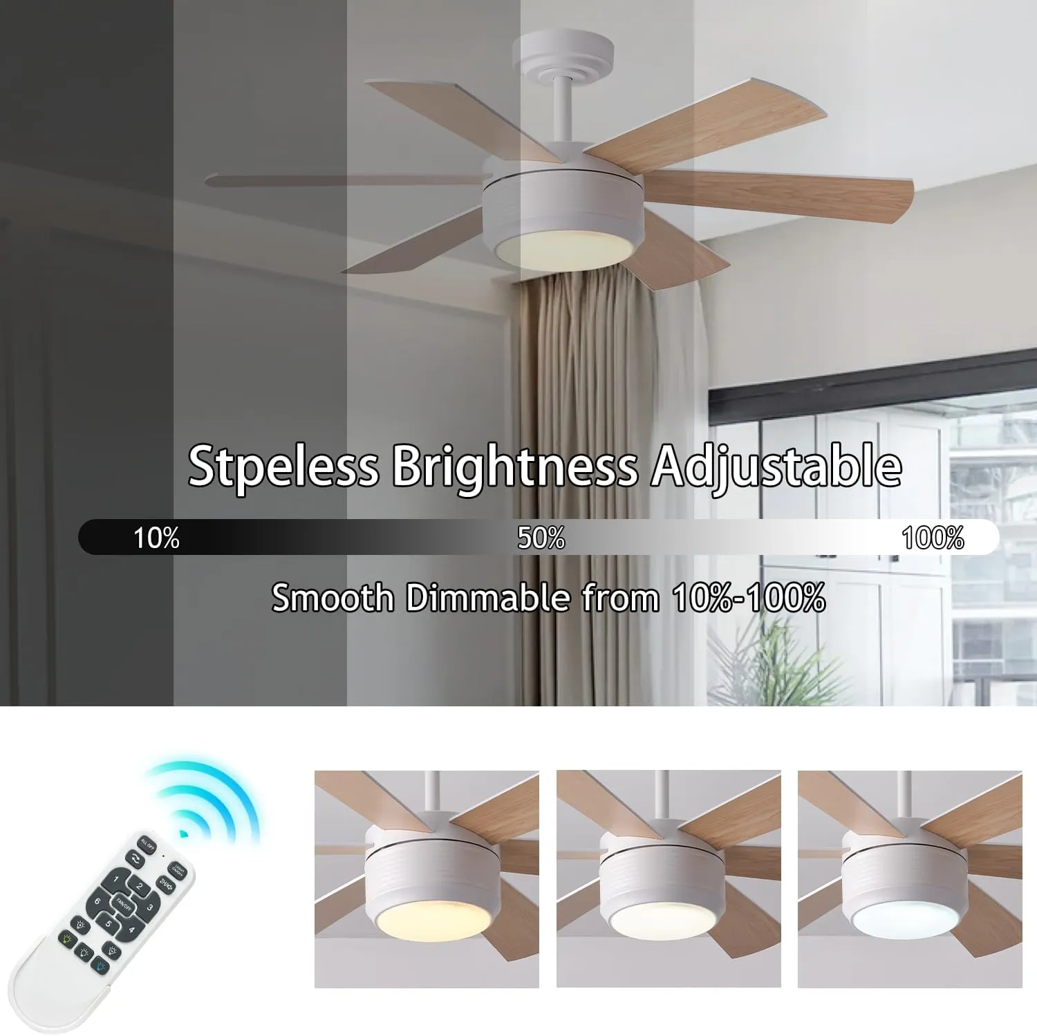 SHOWDI 42 Inch Ceiling Fan with Lights and Remote, 6 Blade App Control Timer Reversible Stepless Brightness and Color Temperature Outdoor Wood Ceiling Fan with Lights (White, 42 Inch)