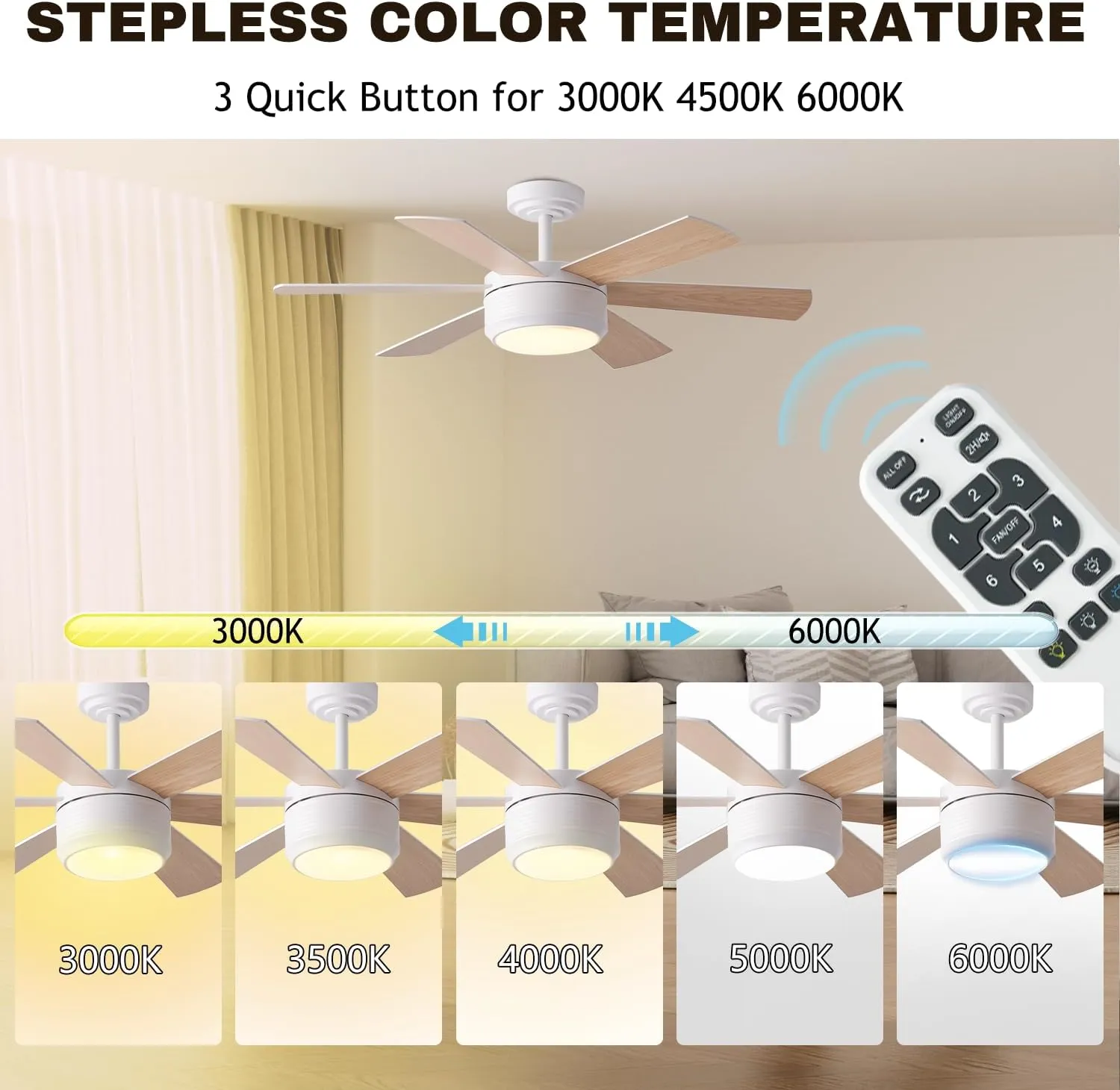 SHOWDI 42 Inch Ceiling Fan with Lights and Remote, 6 Blade App Control Timer Reversible Stepless Brightness and Color Temperature Outdoor Wood Ceiling Fan with Lights (White, 42 Inch)