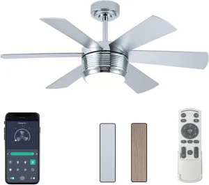 SHOWDI Ceiling Fan with Lights and Remote, 6 Blade App Control Timer Reversible Stepless Brightness and Color Temperature Outdoor Wood Ceiling Fan with Lights (Chrome, 42 Inch) App-controlled remote fan for convenience