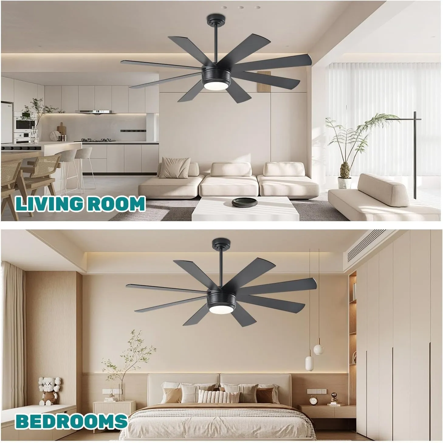 SHOWDI Ceiling Fan with Lights and Remote Control, 8 Blade App Commercial Industrial Ceiling Fan with Lights Reversible Stepless Brightness and Color Temperature (Black, 60 Inch)