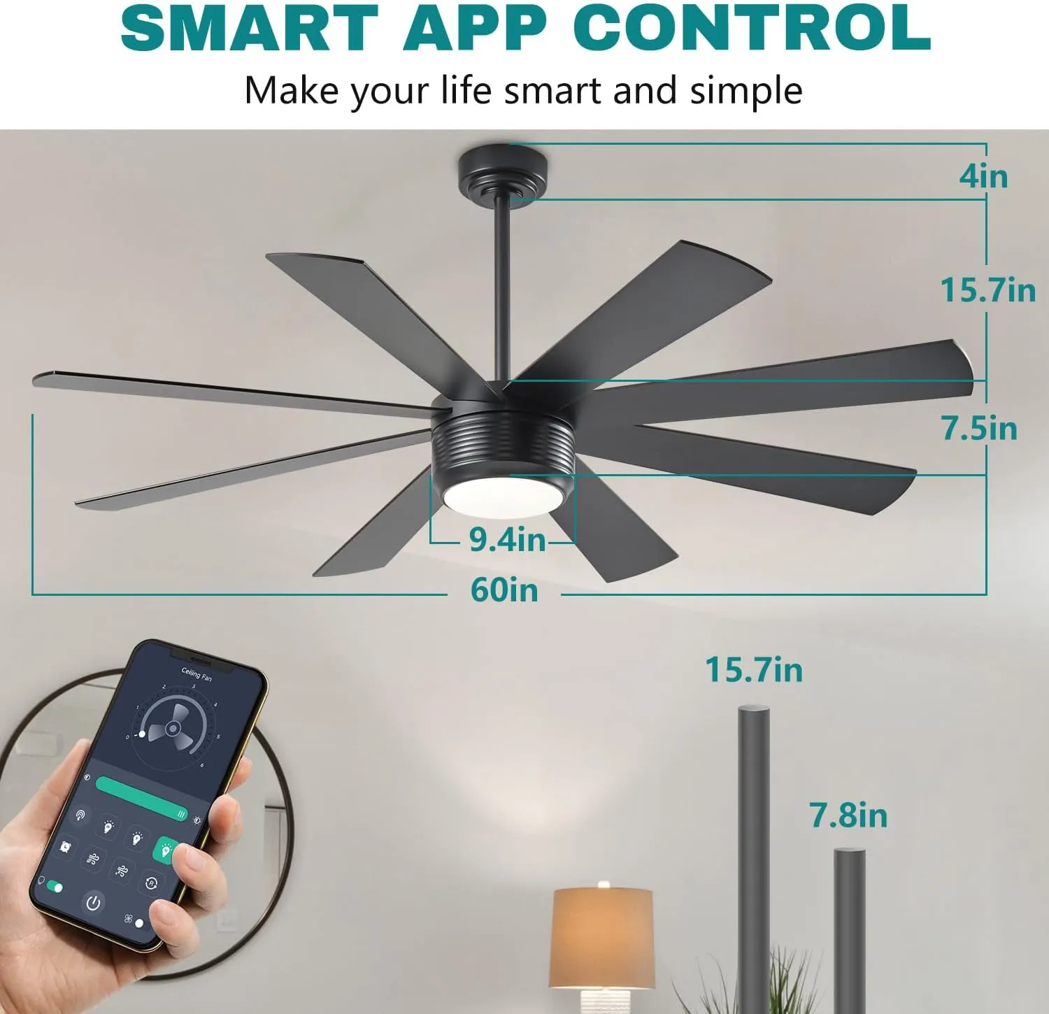 SHOWDI Ceiling Fan with Lights and Remote Control, 8 Blade App Commercial Industrial Ceiling Fan with Lights Reversible Stepless Brightness and Color Temperature (Black, 60 Inch)
