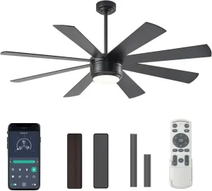 SHOWDI Ceiling Fan with Lights and Remote Control, 8 Blade App Commercial Industrial Ceiling Fan with Lights Reversible Stepless Brightness and Color Temperature (Black, 60 Inch) App-controlled remote fan for convenience