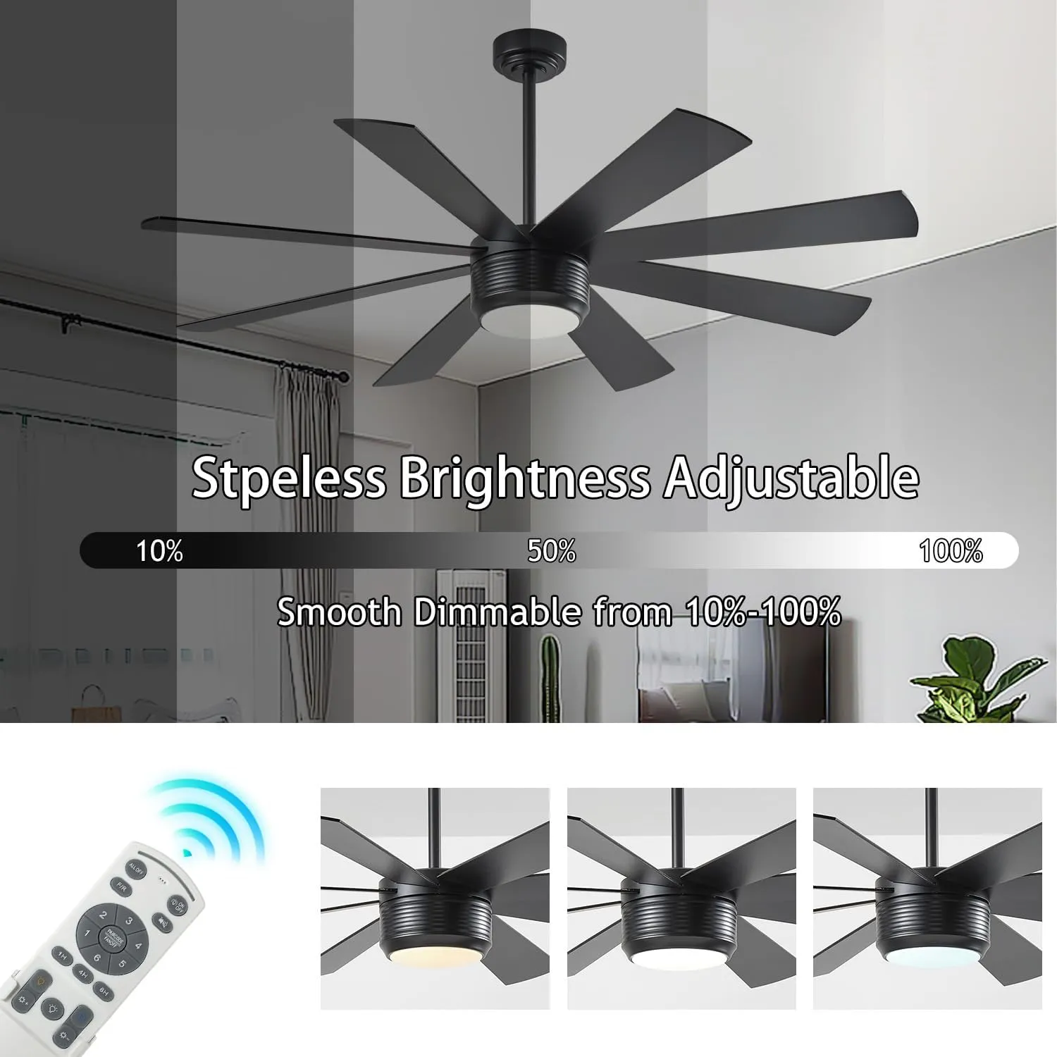 SHOWDI Ceiling Fan with Lights and Remote Control, 8 Blade App Commercial Industrial Ceiling Fan with Lights Reversible Stepless Brightness and Color Temperature (Black, 60 Inch)