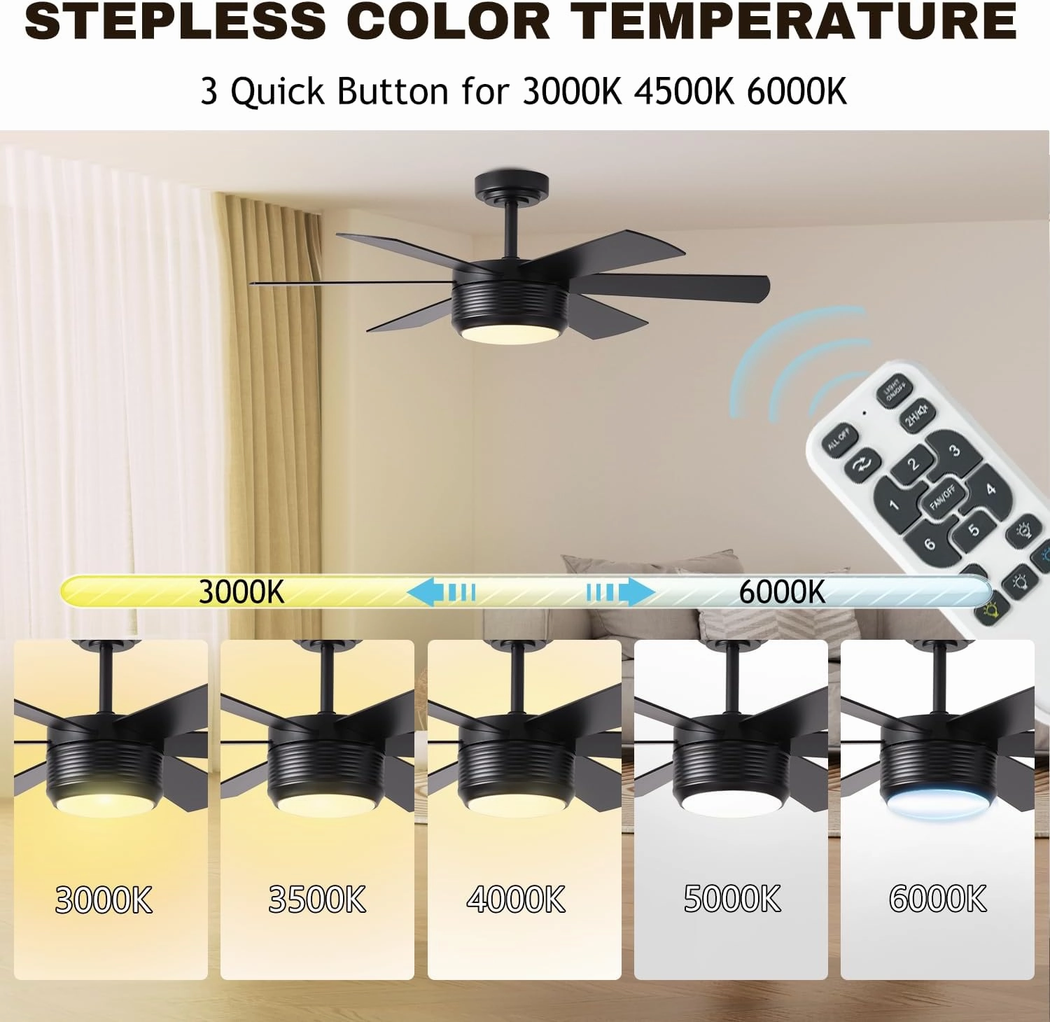 SHOWDI 42 Inch Ceiling Fan with Lights and Remote, 6 Blade App Control Timer Reversible Stepless Brightness and Color Temperature Outdoor Wood Ceiling Fan with Lights (Black, 42 Inch)