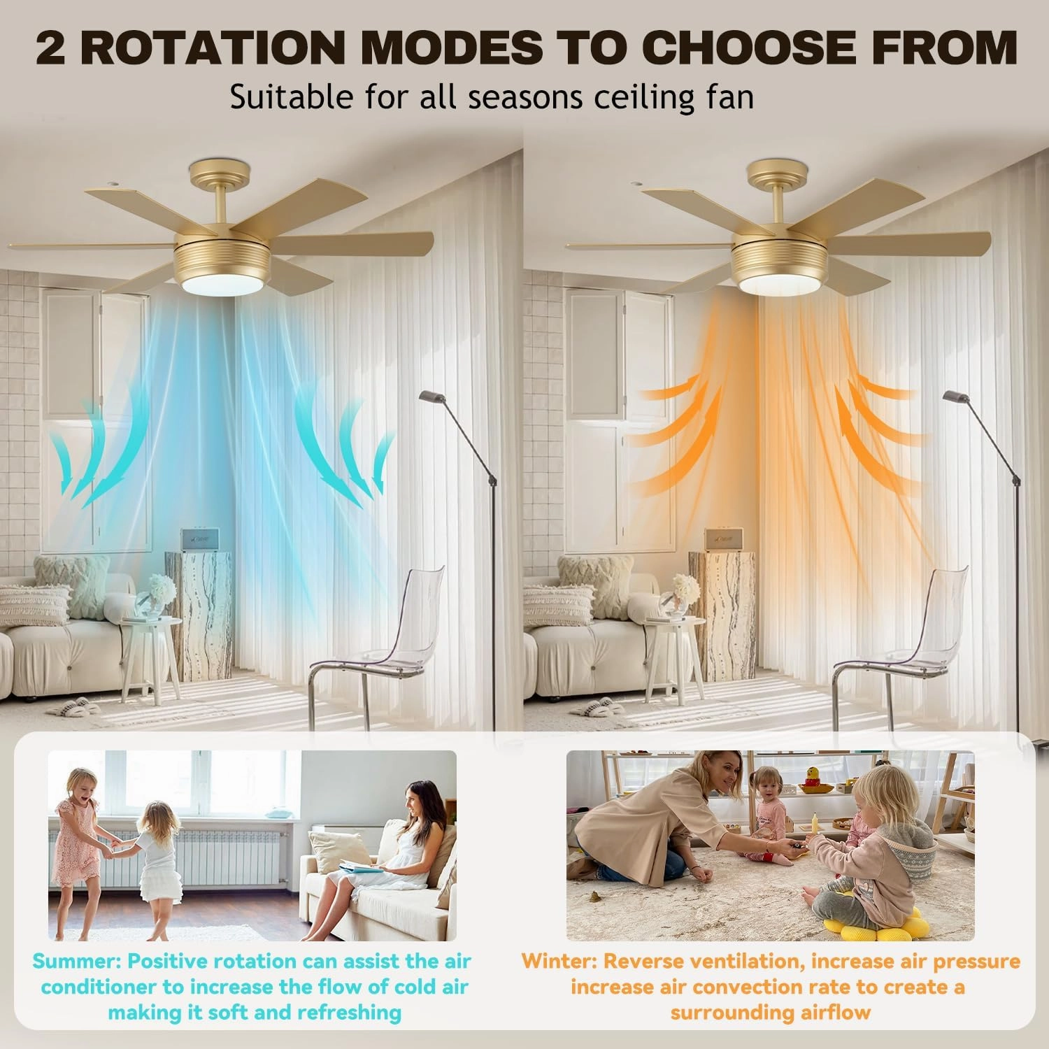 SHOWDI 42 Inch Ceiling Fan with Lights and Remote, 6 Blade App Control Timer Reversible Stepless Brightness and Color Temperature Outdoor Wood Ceiling Fan with Lights (Gold, 42 Inch)