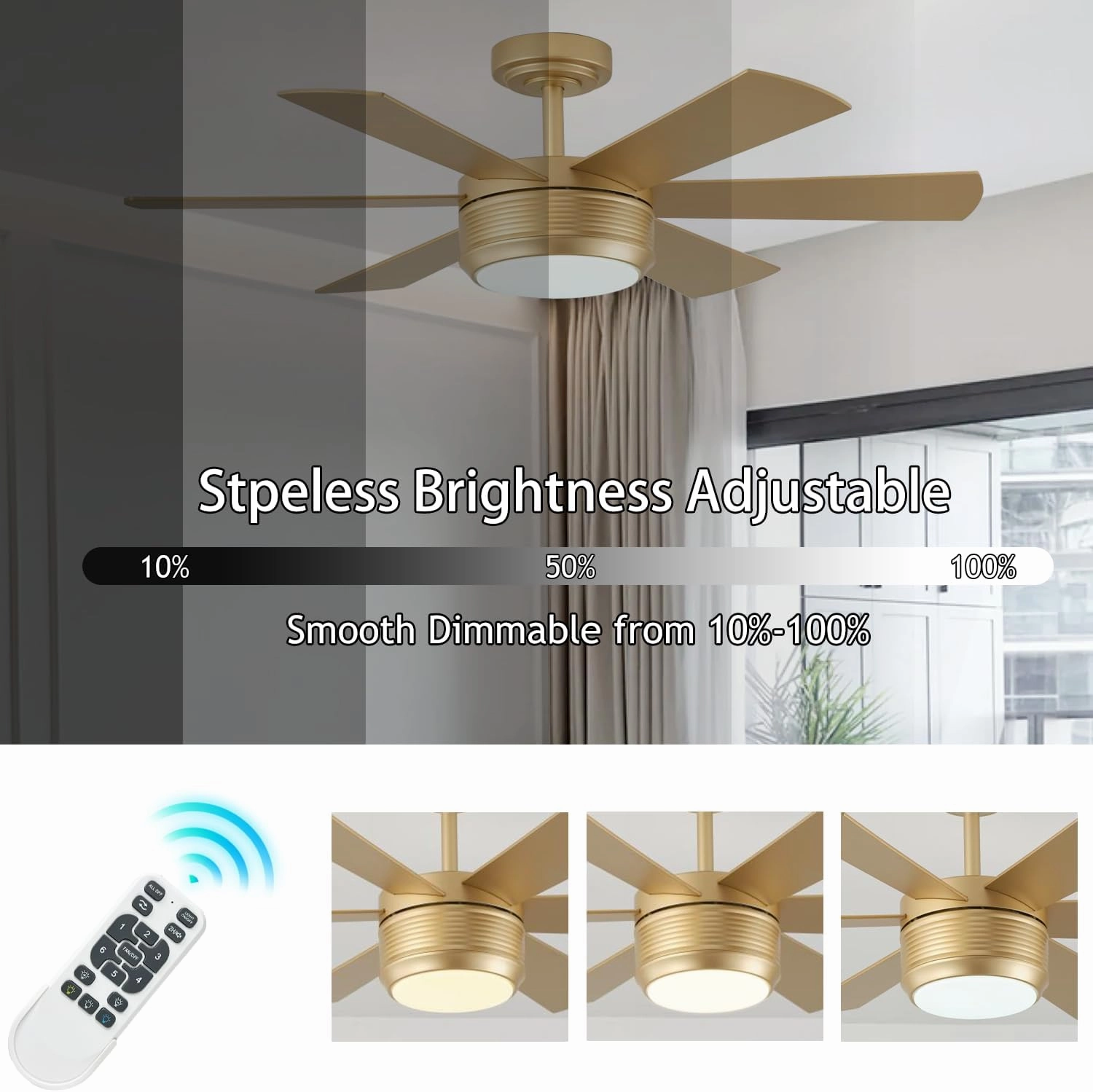 SHOWDI 42 Inch Ceiling Fan with Lights and Remote, 6 Blade App Control Timer Reversible Stepless Brightness and Color Temperature Outdoor Wood Ceiling Fan with Lights (Gold, 42 Inch)