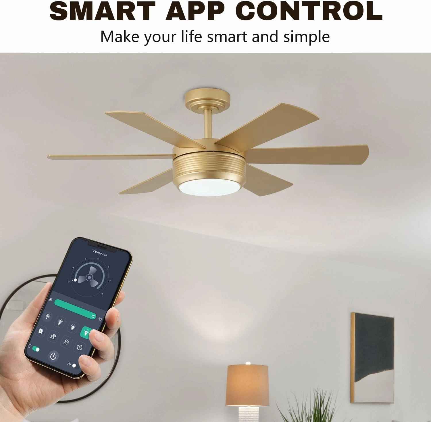 SHOWDI 42 Inch Ceiling Fan with Lights and Remote, 6 Blade App Control Timer Reversible Stepless Brightness and Color Temperature Outdoor Wood Ceiling Fan with Lights (Gold, 42 Inch)
