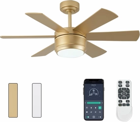 SHOWDI 42 Inch Ceiling Fan with Lights and Remote, 6 Blade App Control Timer Reversible Stepless Brightness and Color Temperature Outdoor Wood Ceiling Fan with Lights (Gold, 42 Inch) App-controlled remote fan for convenience