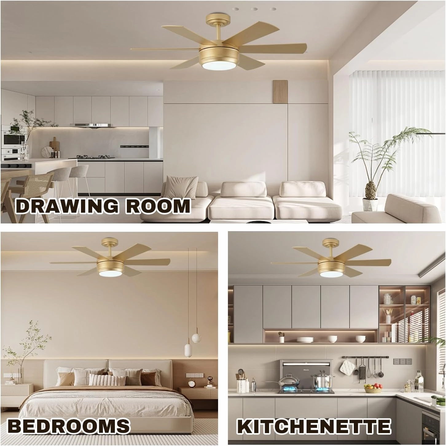 SHOWDI 42 Inch Ceiling Fan with Lights and Remote, 6 Blade App Control Timer Reversible Stepless Brightness and Color Temperature Outdoor Wood Ceiling Fan with Lights (Gold, 42 Inch)
