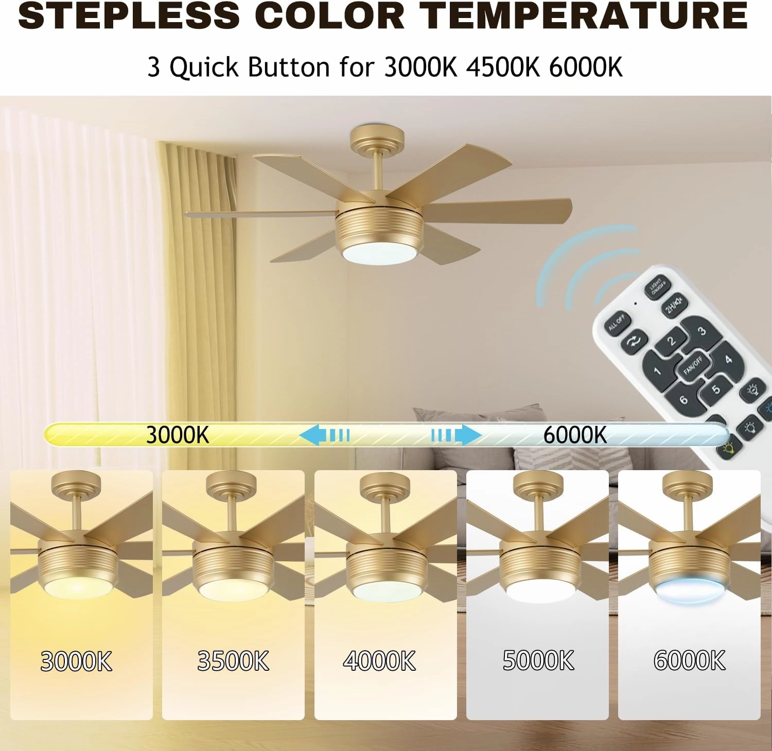 SHOWDI 42 Inch Ceiling Fan with Lights and Remote, 6 Blade App Control Timer Reversible Stepless Brightness and Color Temperature Outdoor Wood Ceiling Fan with Lights (Gold, 42 Inch)