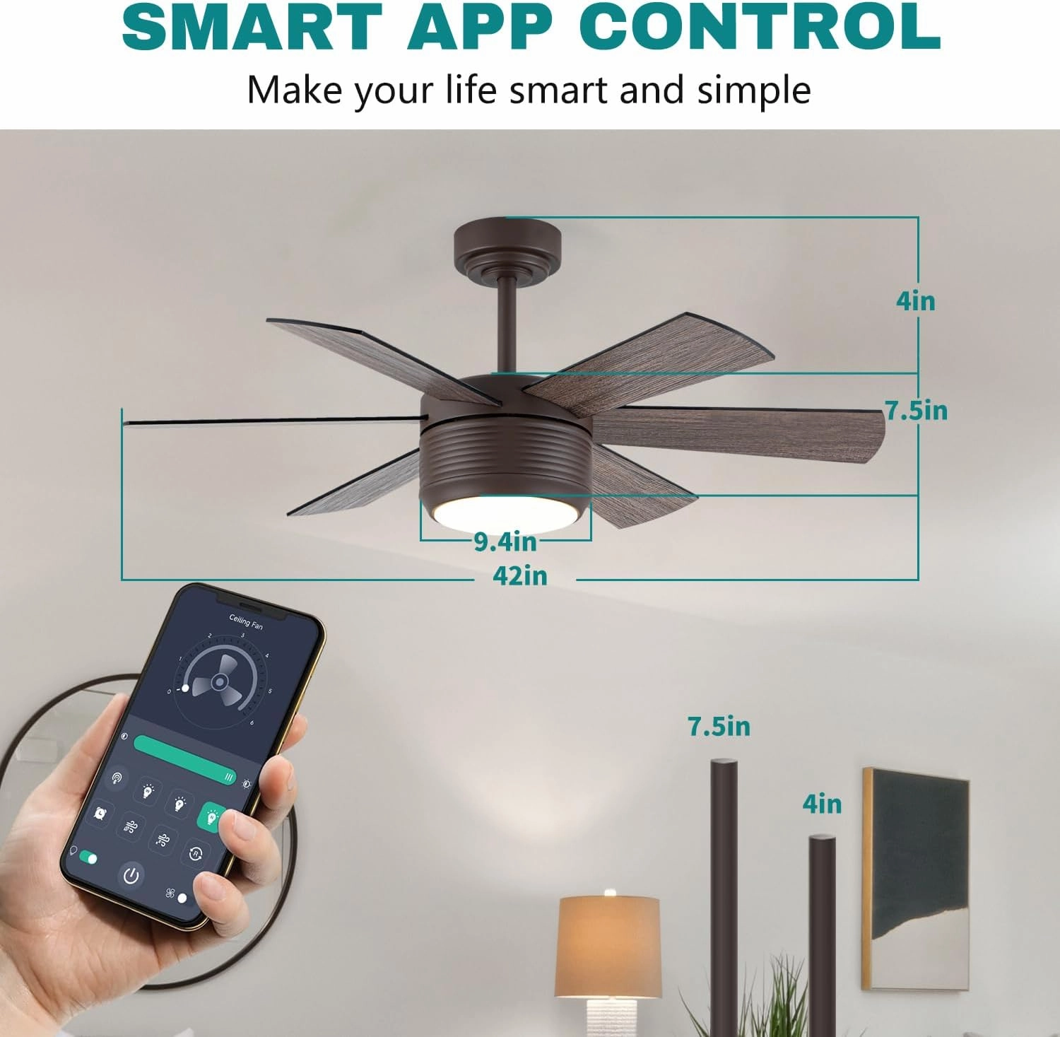 SHOWDI Ceiling Fan with Lights and Remote, 6 Blade App Control Timer Reversible Stepless Brightness and Color Temperature Outdoor Wood Ceiling Fan with Lights (Brown, 42 Inch)
