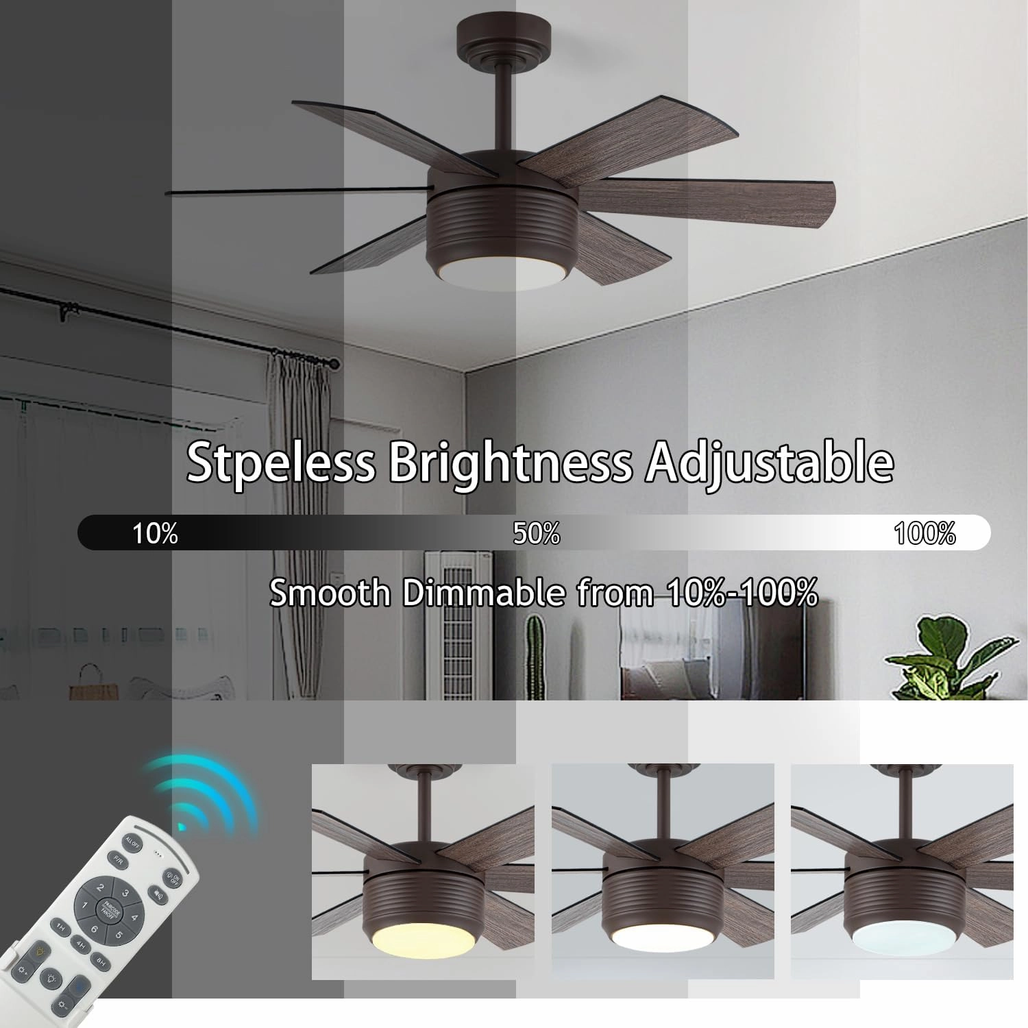SHOWDI Ceiling Fan with Lights and Remote, 6 Blade App Control Timer Reversible Stepless Brightness and Color Temperature Outdoor Wood Ceiling Fan with Lights (Brown, 42 Inch)