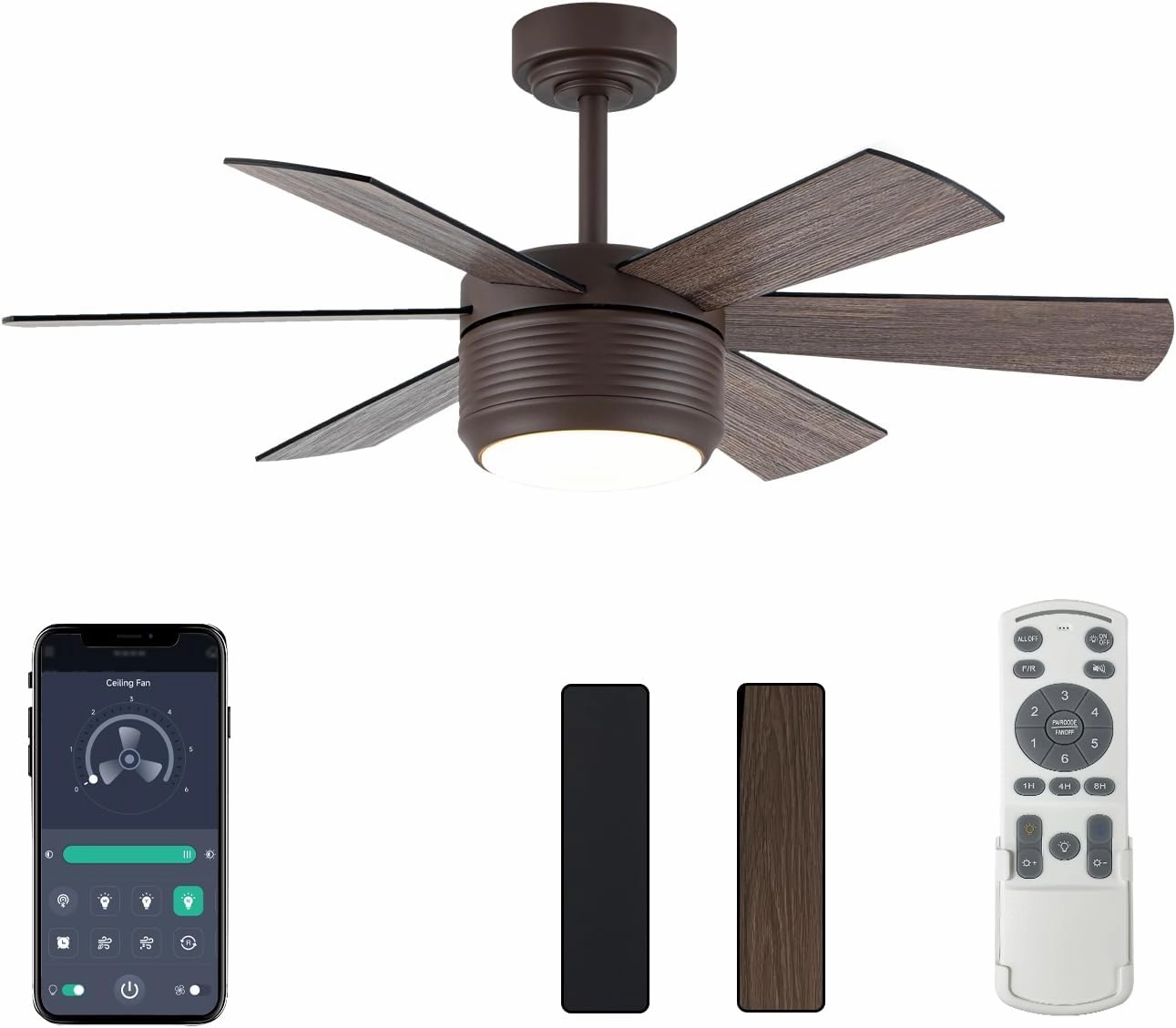 SHOWDI Ceiling Fan with Lights and Remote, 6 Blade App Control Timer Reversible Stepless Brightness and Color Temperature Outdoor Wood Ceiling Fan with Lights (Brown, 42 Inch) App-controlled remote fan for convenience
