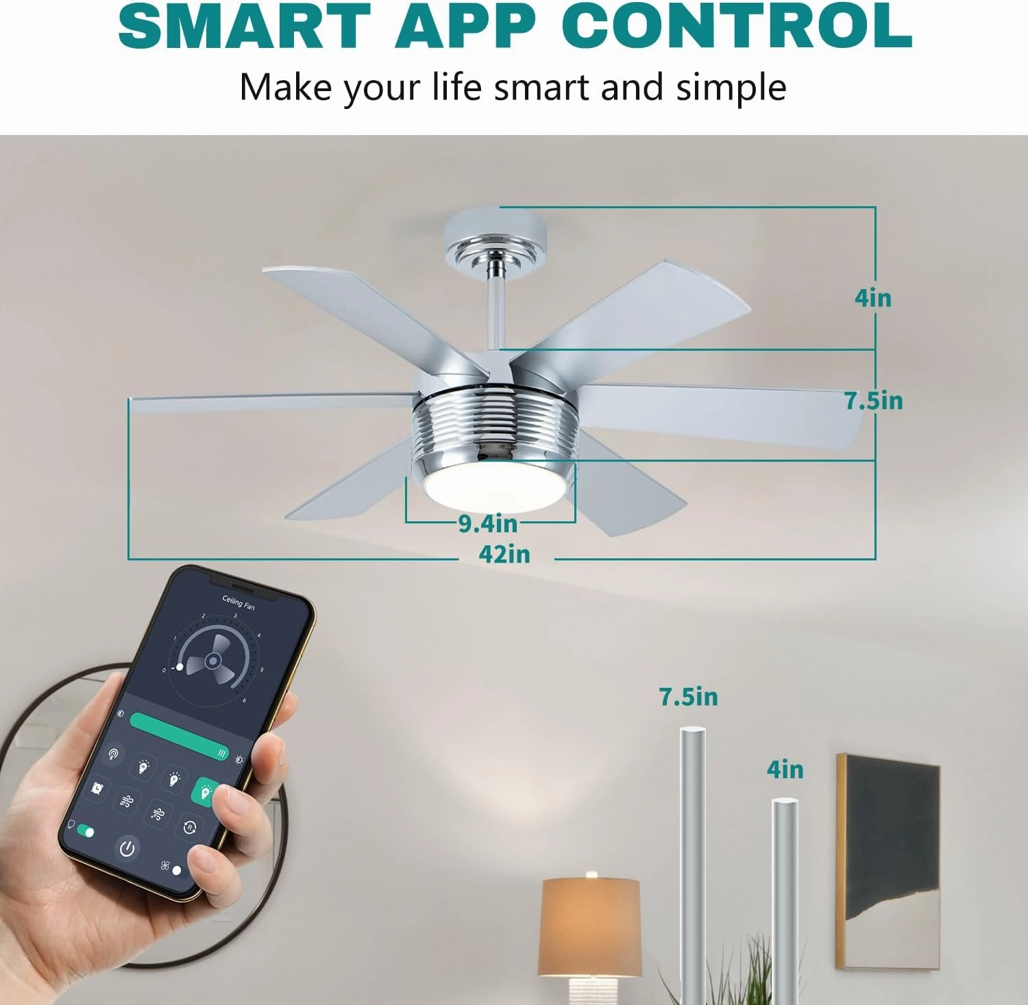 SHOWDI Ceiling Fan with Lights and Remote, 6 Blade App Control Timer Reversible Stepless Brightness and Color Temperature Outdoor Wood Ceiling Fan with Lights (Chrome, 42 Inch)