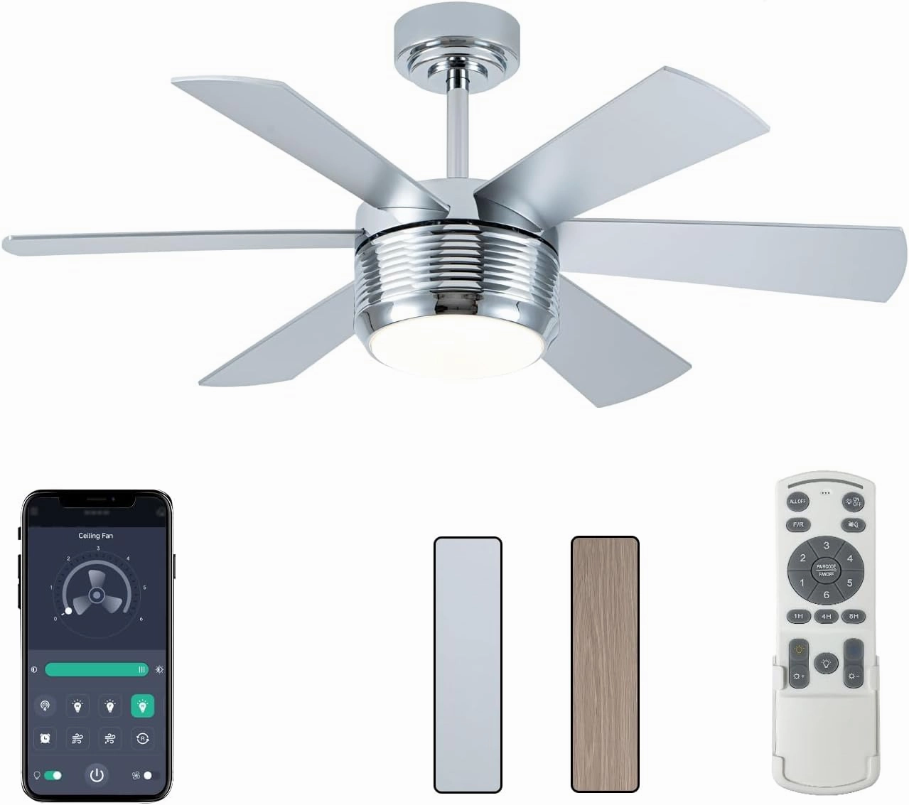 SHOWDI Ceiling Fan with Lights and Remote, 6 Blade App Control Timer Reversible Stepless Brightness and Color Temperature Outdoor Wood Ceiling Fan with Lights (Chrome, 42 Inch) App-controlled remote fan for convenience