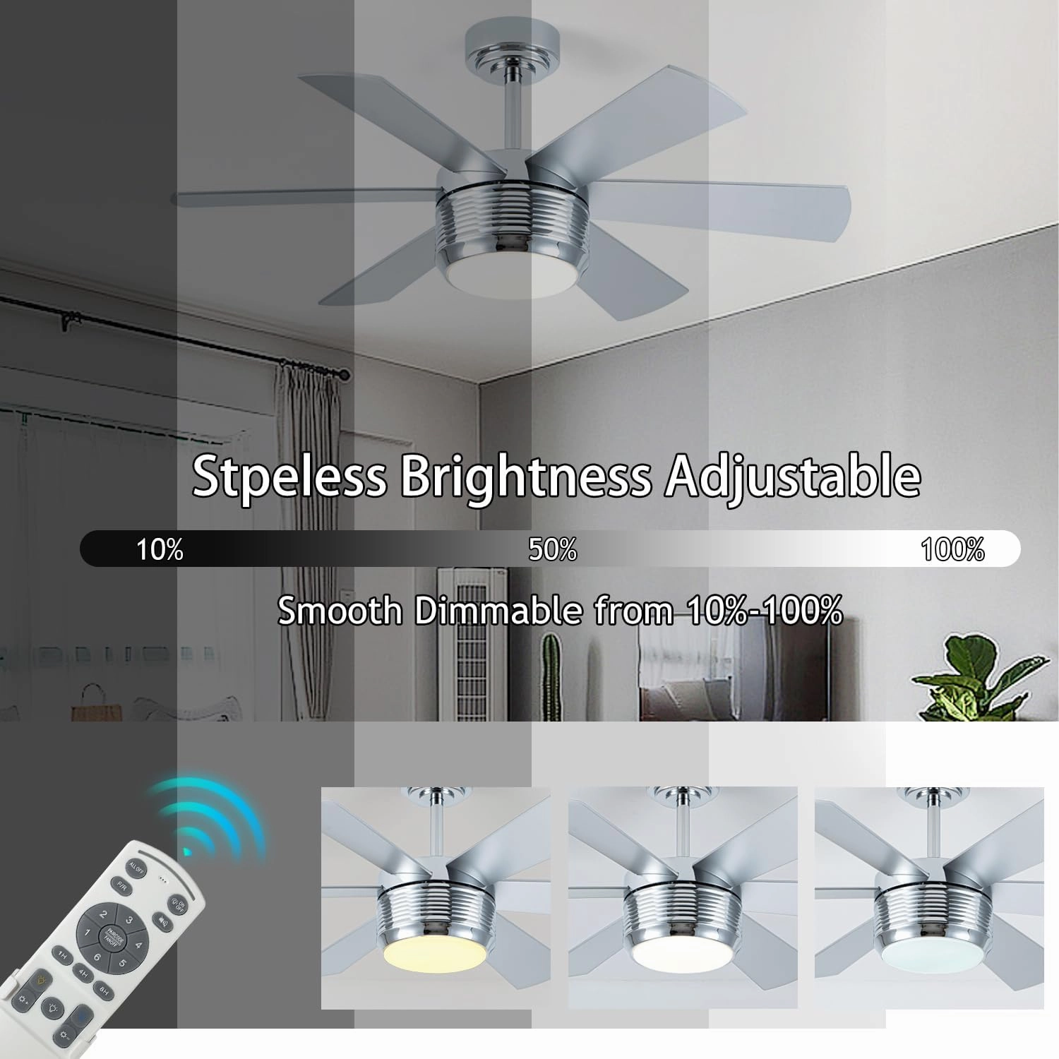 SHOWDI Ceiling Fan with Lights and Remote, 6 Blade App Control Timer Reversible Stepless Brightness and Color Temperature Outdoor Wood Ceiling Fan with Lights (Chrome, 42 Inch)