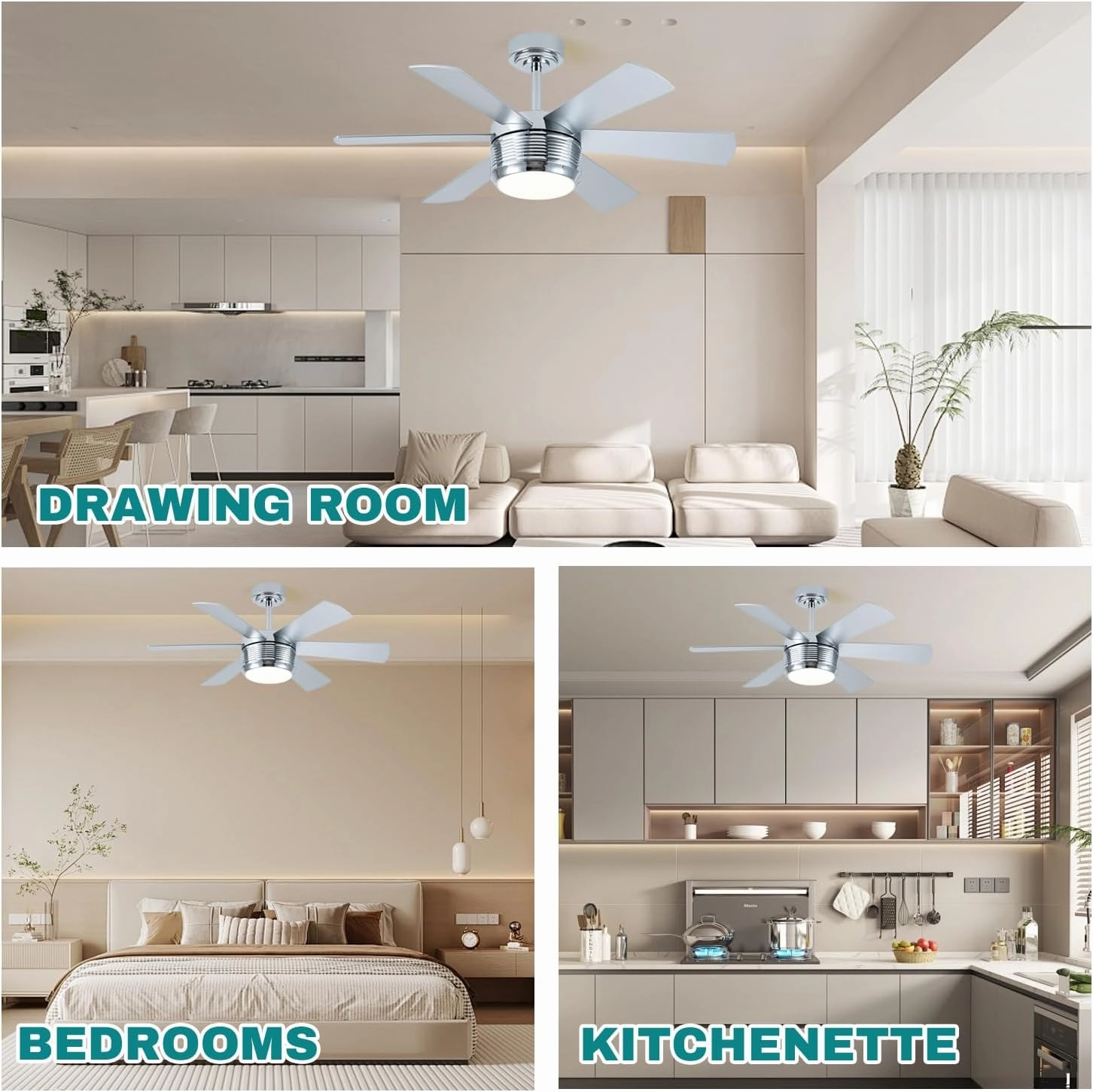 SHOWDI Ceiling Fan with Lights and Remote, 6 Blade App Control Timer Reversible Stepless Brightness and Color Temperature Outdoor Wood Ceiling Fan with Lights (Chrome, 42 Inch)