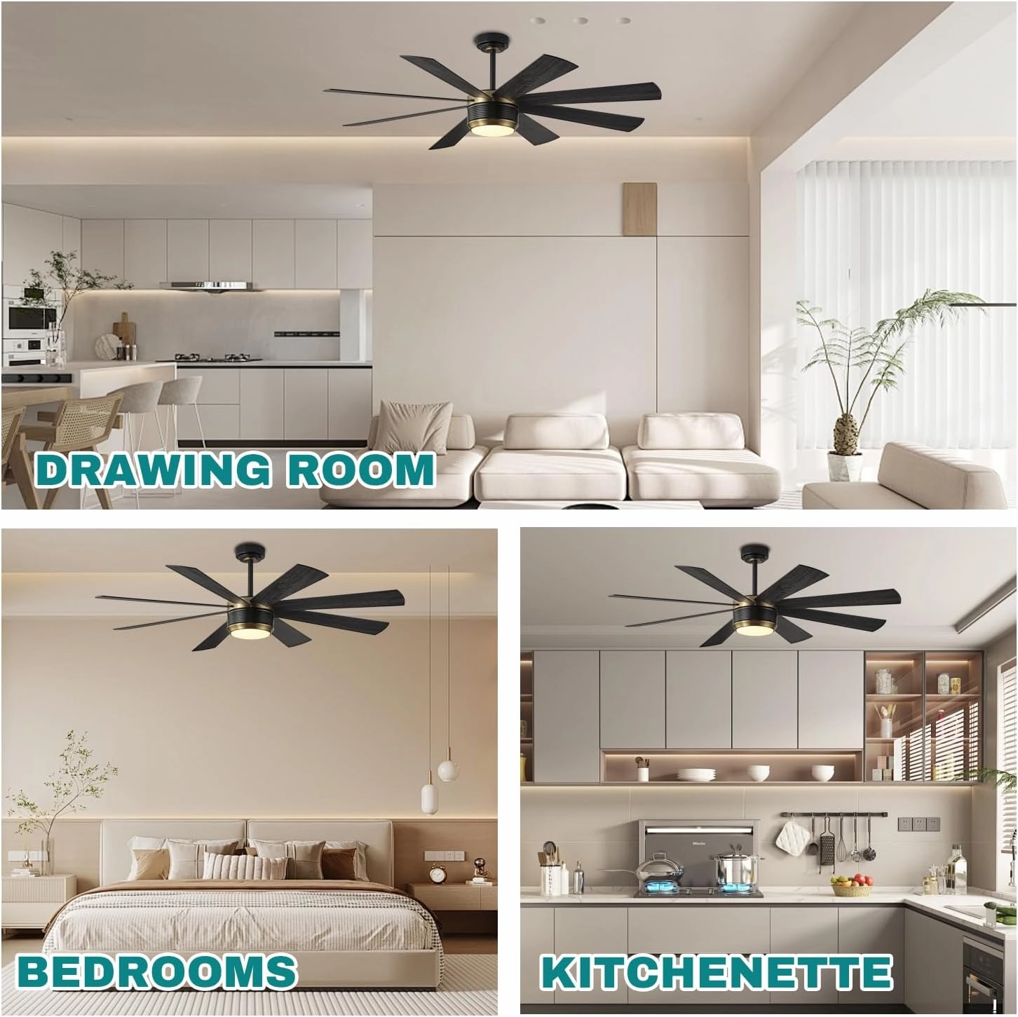 SHOWDI Ceiling Fan with Lights and Remote Control, 8 Blade App Commercial Industrial Reversible Stepless Brightness and Color Temperature Ceiling Fan with Light (Black-gold, 60 Inch)