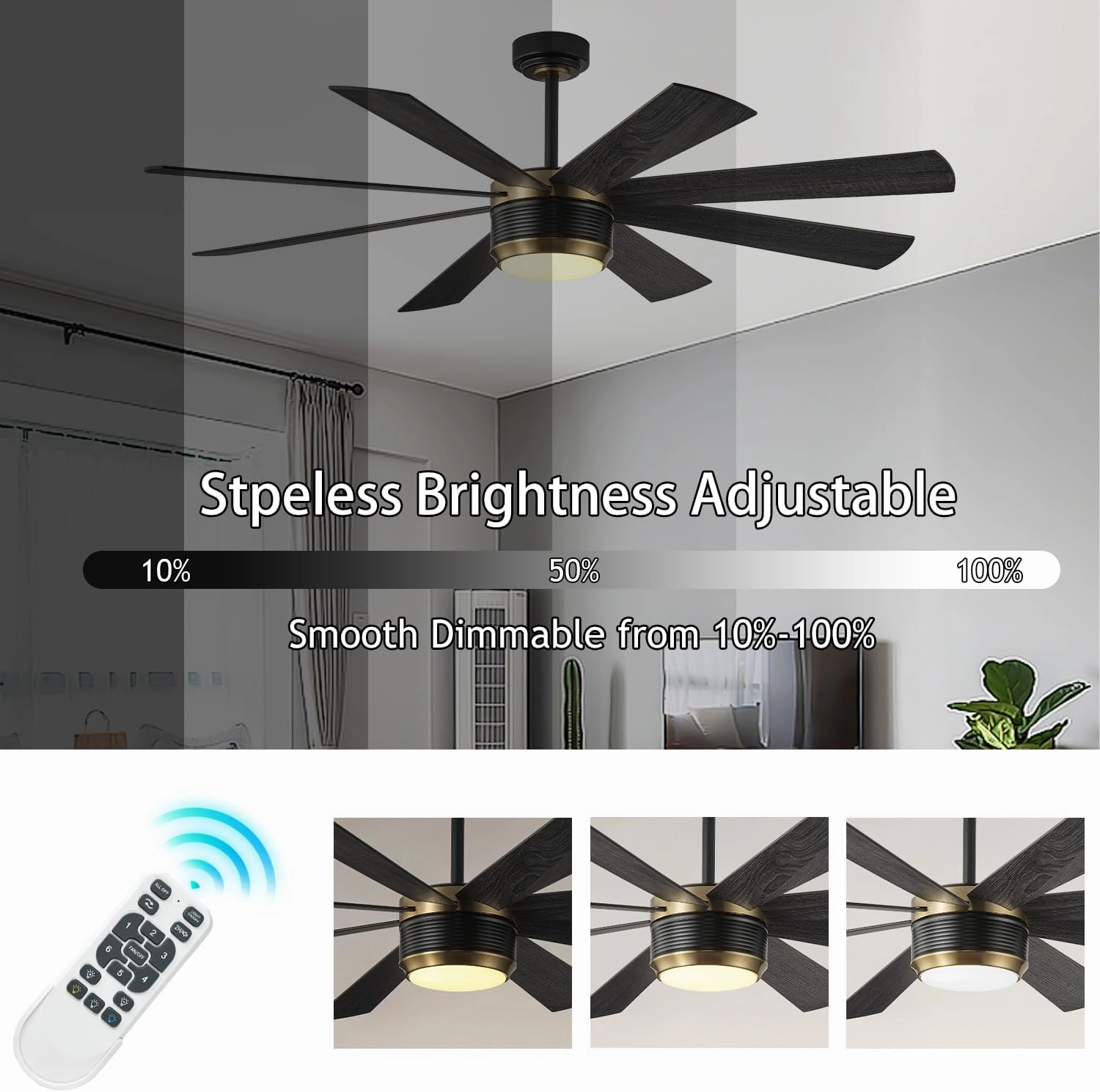 SHOWDI Ceiling Fan with Lights and Remote Control, 8 Blade App Commercial Industrial Reversible Stepless Brightness and Color Temperature Ceiling Fan with Light (Black-gold, 60 Inch)