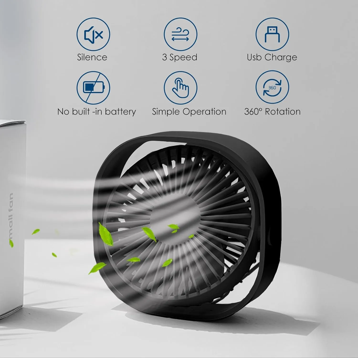 Simpeak Small USB Fan Small Quiet Portable USB Powered ONLY (No Battery), Cooling 3 Speed Setting 360 Adjustable Swivel Desktop Personal Fan for Home Office Bedroom Outdoor Travel Summer (Black)