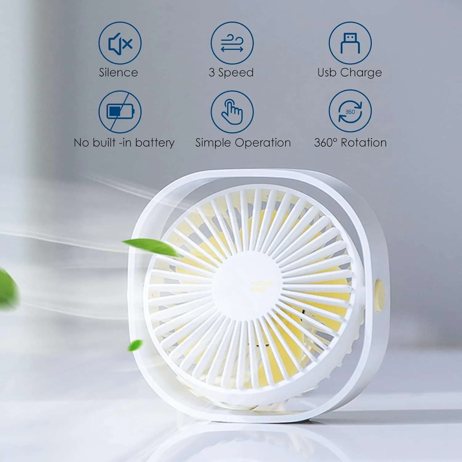 Simpeak Small USB Fan Small Quiet Portable USB Powered ONLY (No Battery), Cooling 3 Speed Setting 360 Adjustable Swivel Desktop Personal Fan for Home Office Bedroom Outdoor Travel Summer (White)