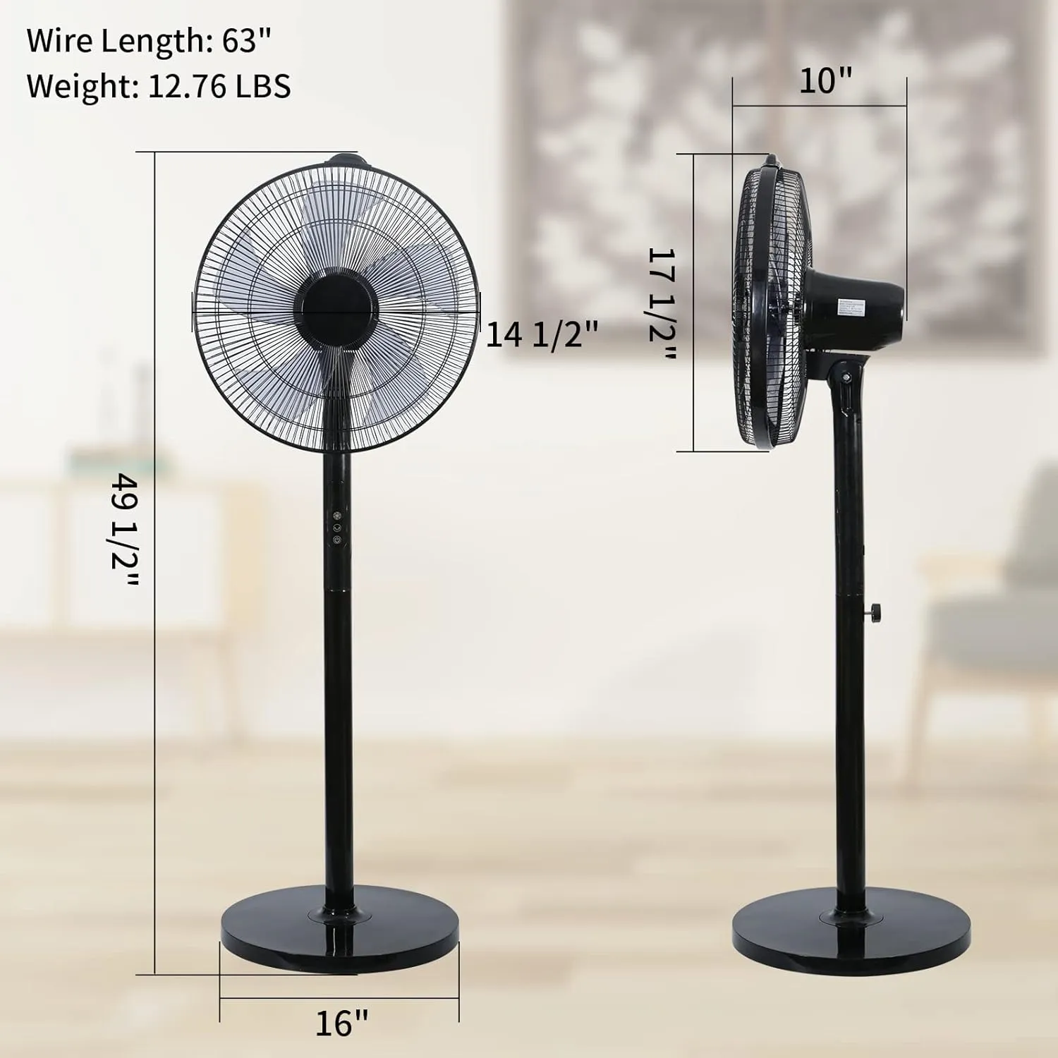 Simple Deluxe 16 Inches Stand Fan with Pedestal Base, Height Adjustable Pedestal Fan with Remote Control, Free Standing Fan with 90-Degree Oscillating 12-Speed Settings, Black