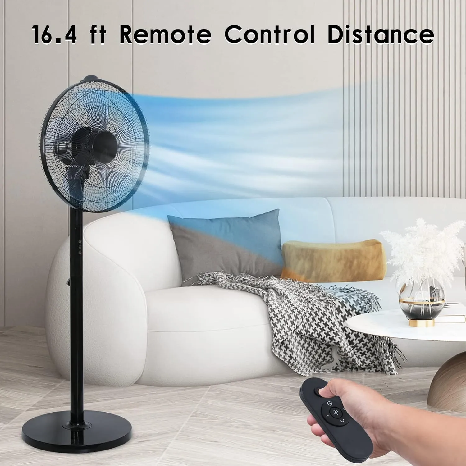 Simple Deluxe 16 Inches Stand Fan with Pedestal Base, Height Adjustable Pedestal Fan with Remote Control, Free Standing Fan with 90-Degree Oscillating 12-Speed Settings, Black