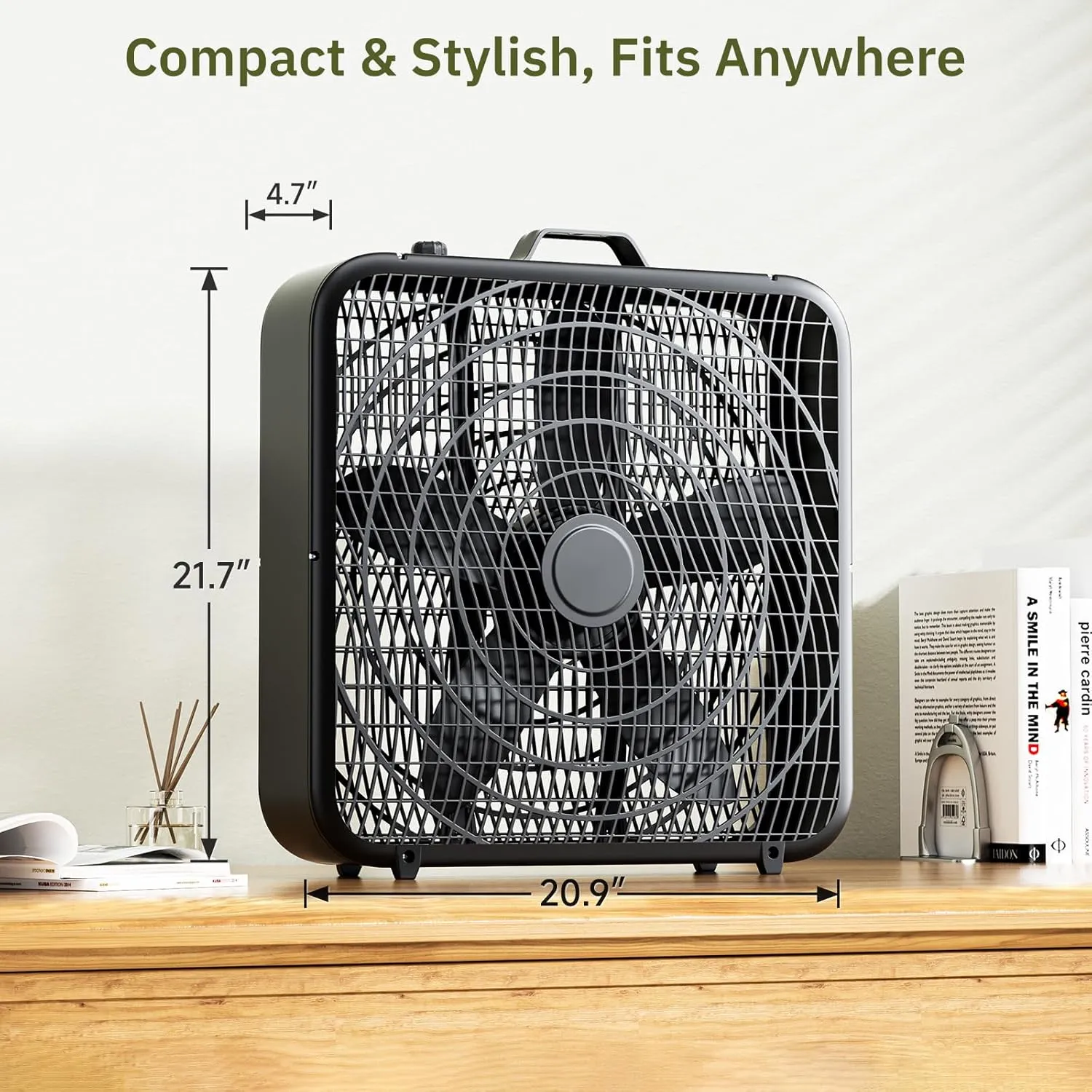 Simple Deluxe 20 Box Fan, 3-Speed Cooling Fan with Aerodynamic Shaped Fans Blades, Convenient Carry Handle and Safety Grills, Black