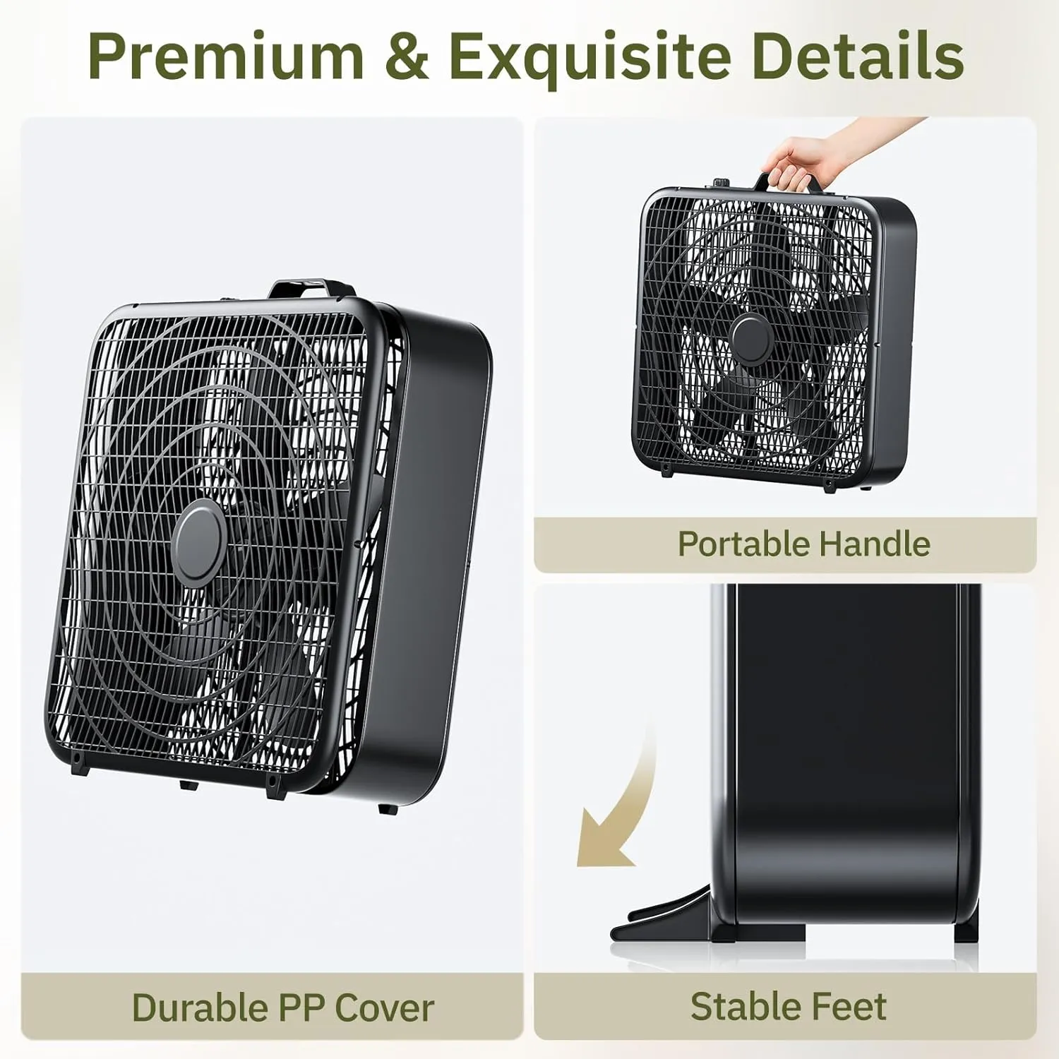Simple Deluxe 20 Box Fan, 3-Speed Cooling Fan with Aerodynamic Shaped Fans Blades, Convenient Carry Handle and Safety Grills, Black