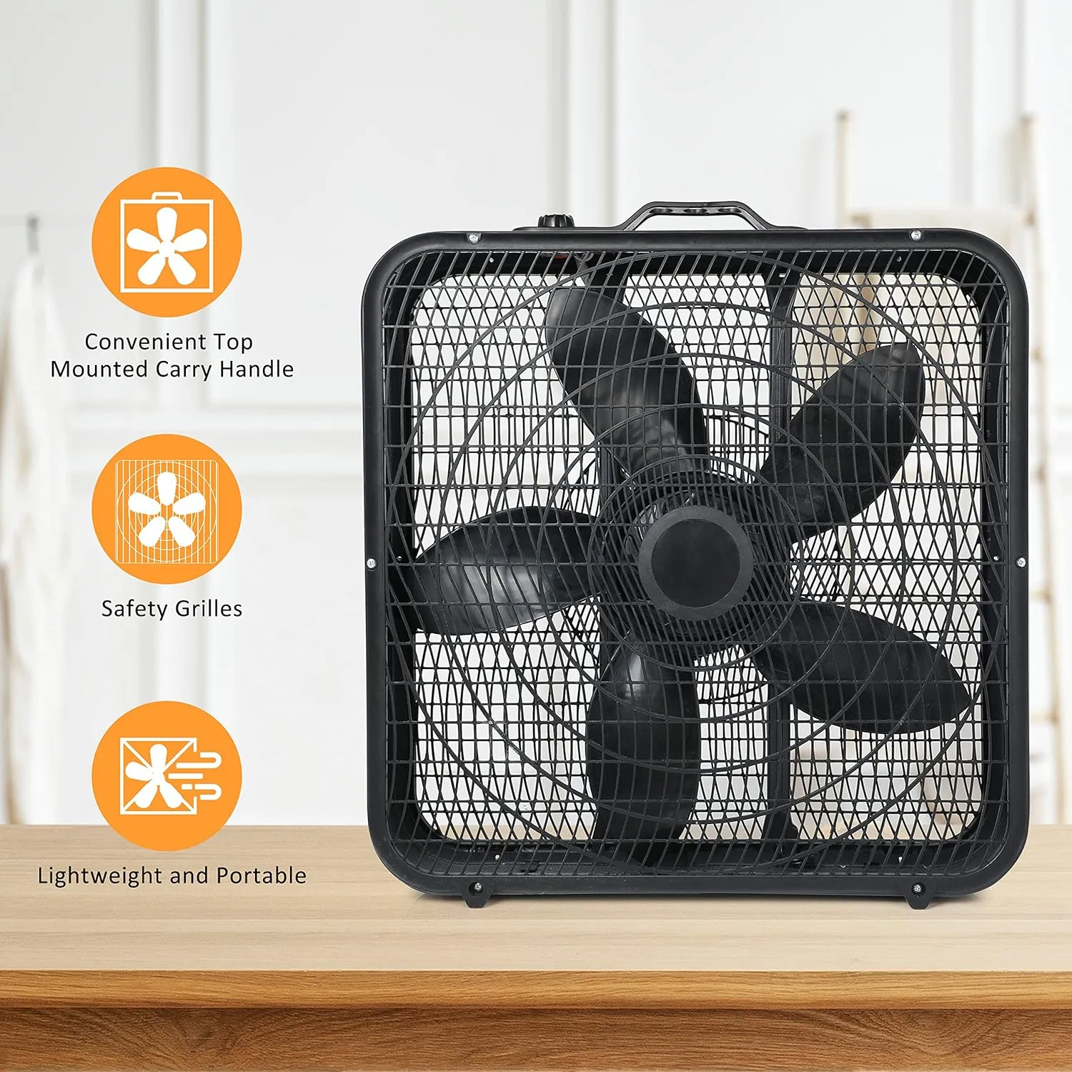 Simple Deluxe 20 Box Fan, 3-Speed Cooling Table Fan with Aerodynamic Shaped Fan Blades, Convenient Carry Handle and Safety Grills, Black