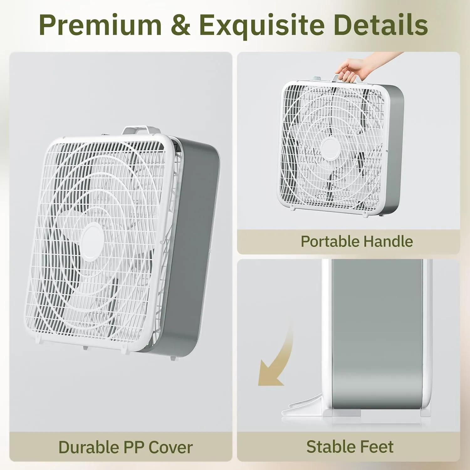 Simple Deluxe 20 Box Fan, 3-Speed Cooling with Aerodynamic Blades & Safety Grill, Easy Carry Handel for Protable, White