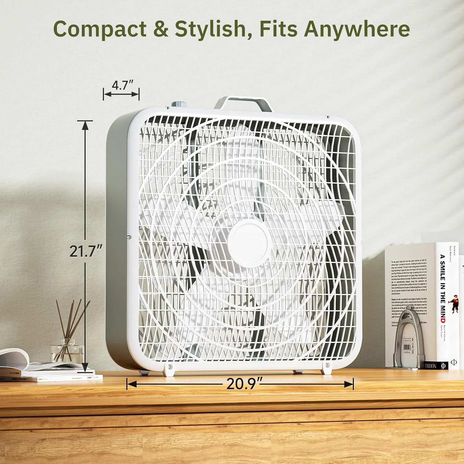Simple Deluxe 20 Box Fan, 3-Speed Cooling with Aerodynamic Blades & Safety Grill, Easy Carry Handel for Protable, White