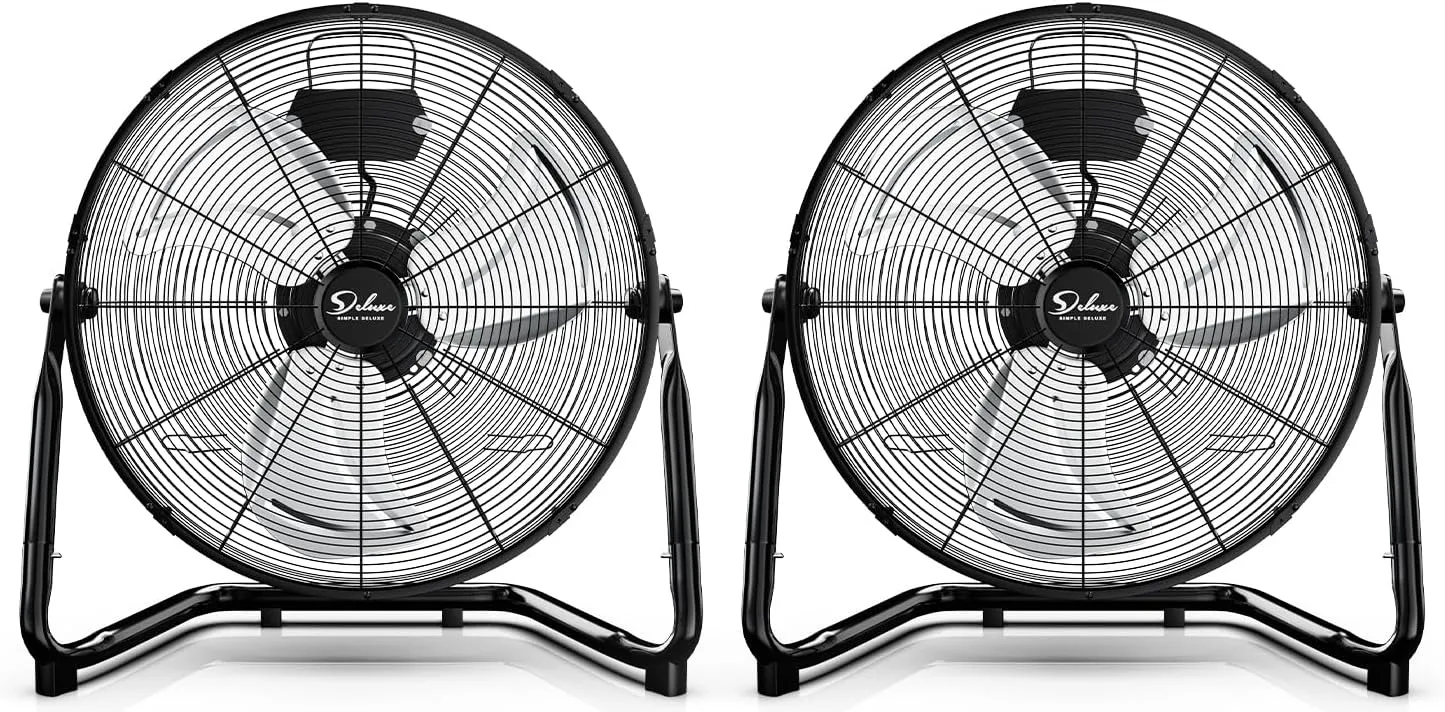 Simple Deluxe 20 Inch 3-Speed High Velocity Heavy Duty Metal Industrial Floor Fan for Warehouse, Workshop, Factory and Basement, Black, 2 Pack Fan with safety blade design
