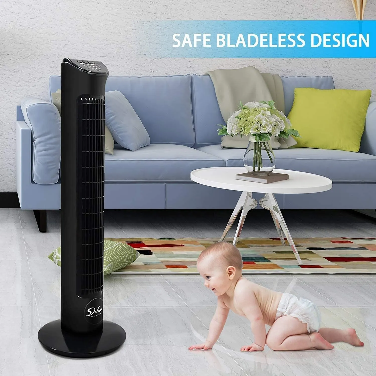 Simple Deluxe 32-Inch Oscillating Tower Fan for Bedroom with Remote Control and 3 Speeds, 3 Modes, Low Noisy Bladeless Fan for Indoor Home Office, Black
