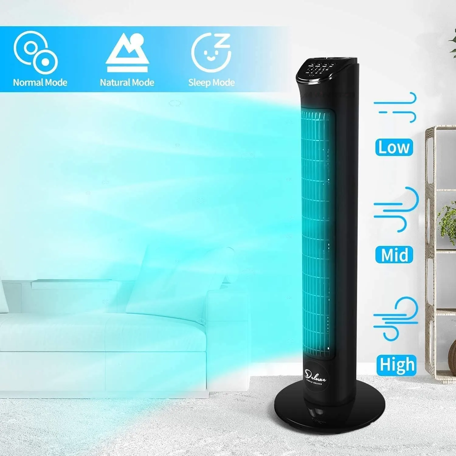 Simple Deluxe 32-Inch Oscillating Tower Fan for Bedroom with Remote Control and 3 Speeds, 3 Modes, Low Noisy Bladeless Fan for Indoor Home Office, Black